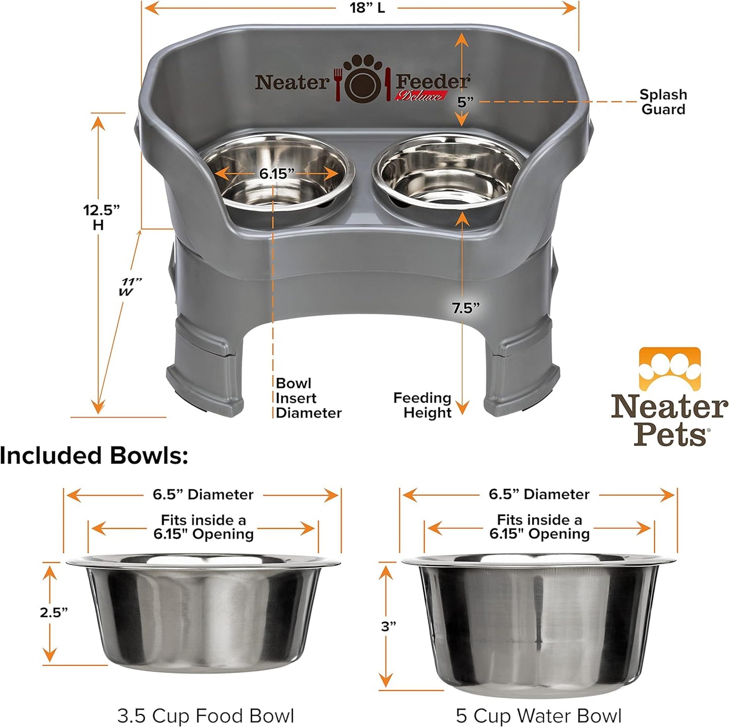 Neater Feeder Deluxe Mess Proof Dog Bowls Elevated Medium Sized Dogs (19-40 Lbs) Made in USA, No Spill Raised Dog Food Bowl Stand W/Leg Extension, Stainless Steel Food and Water Bowl Set, Grey
