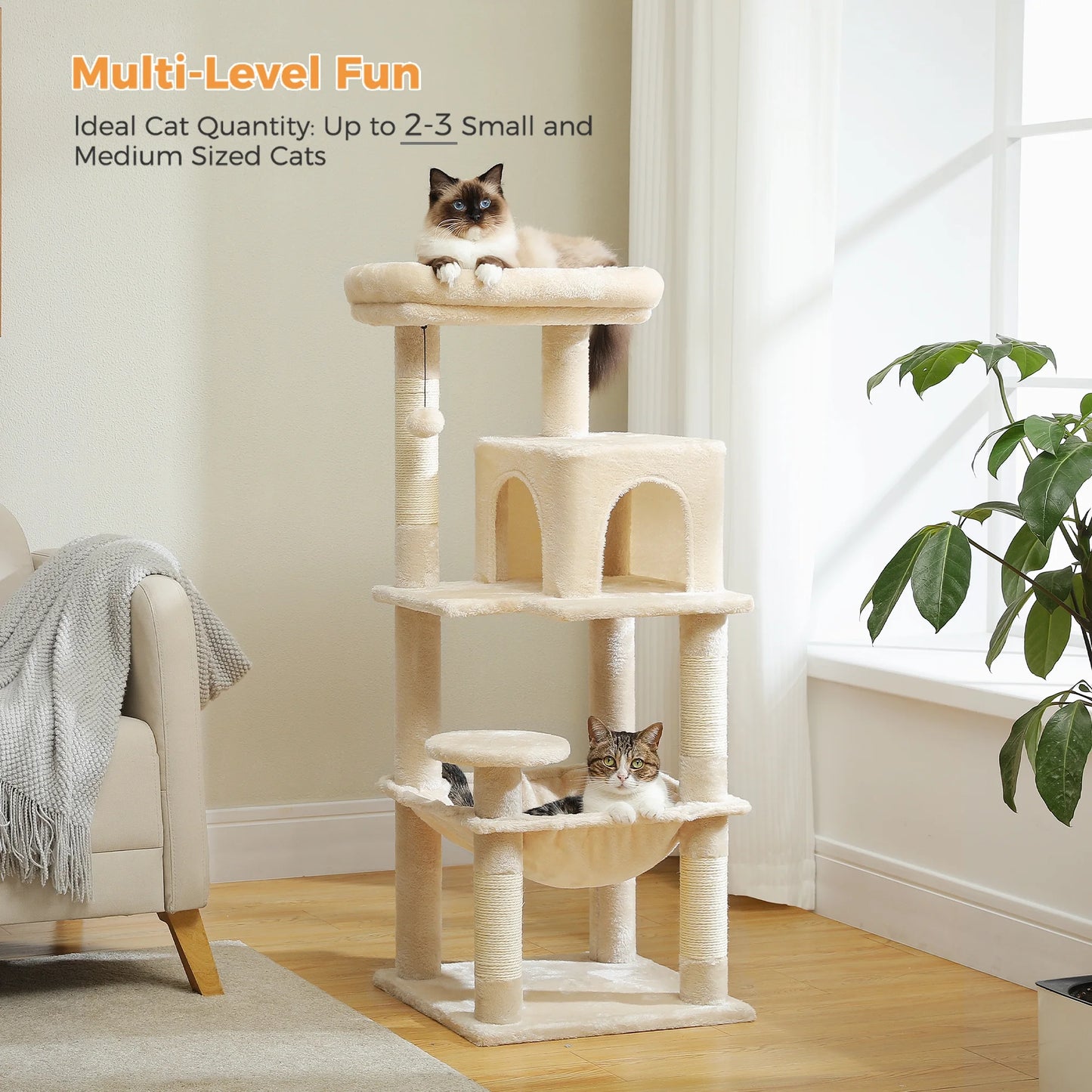 Cat Tree Condo 46”With Sisal Covered Scratching Posts Tower Deep Hammock and Large Perch for Small Cats, Beige