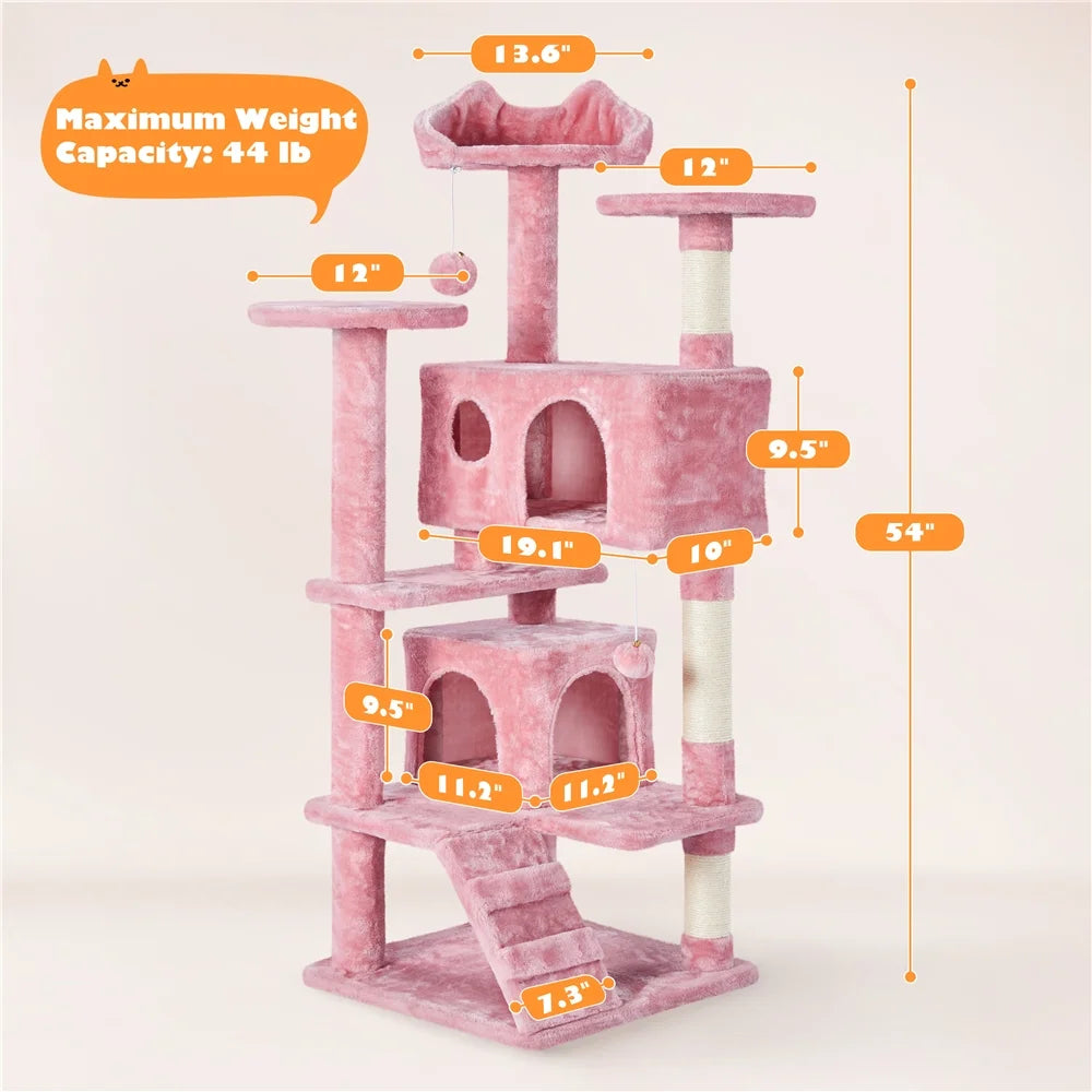 53.9" H Cat Tree with Double Condos, Scratching Posts & Ramp, Pink