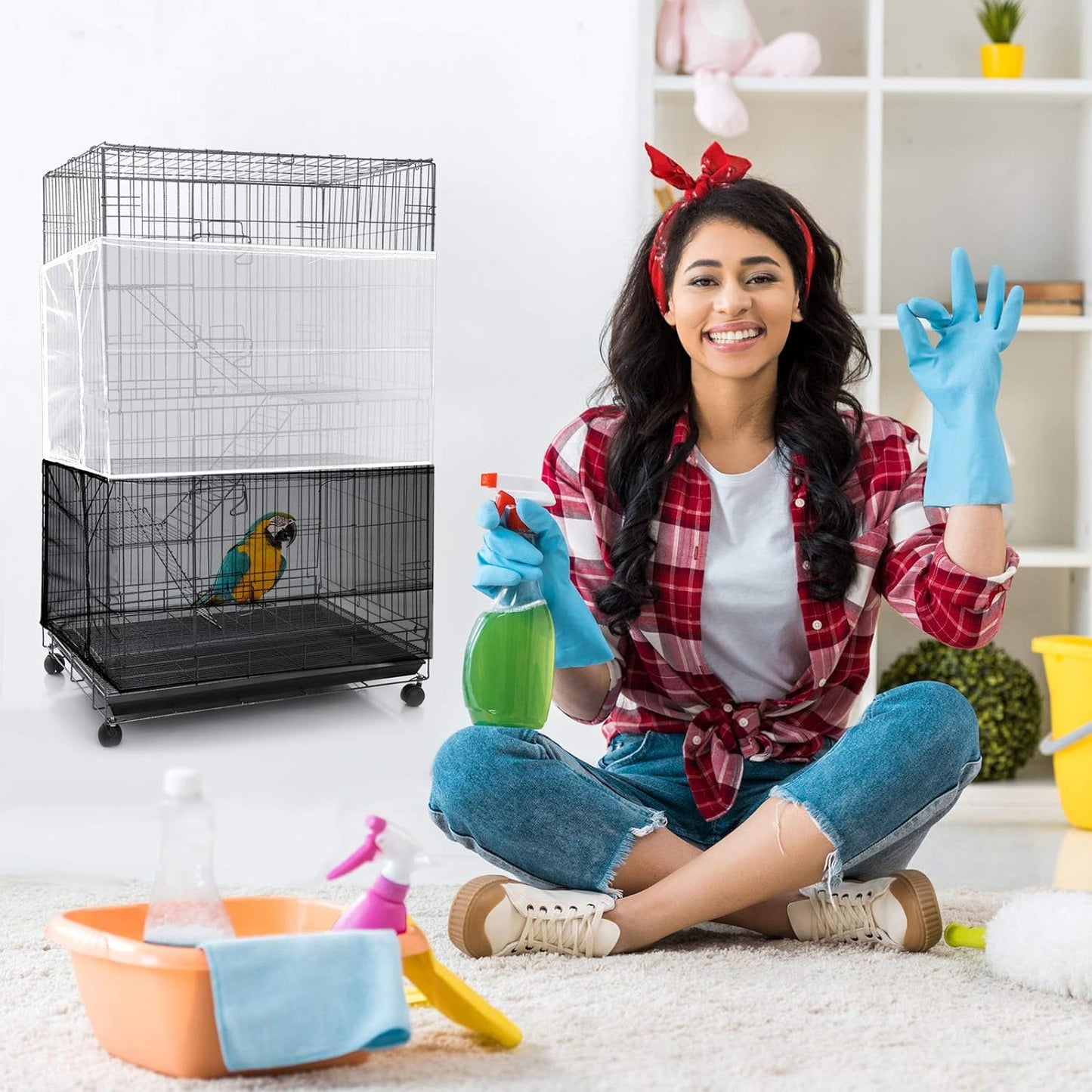 3 Pieces Large Adjustable Bird Cage Cover Seed Feather Catcher Birdcage Nylon Mesh Net Cover Soft Skirt Guard for Parakeet Macaw African round Square Cage (78 X 15 Inch in Circumference and Width)