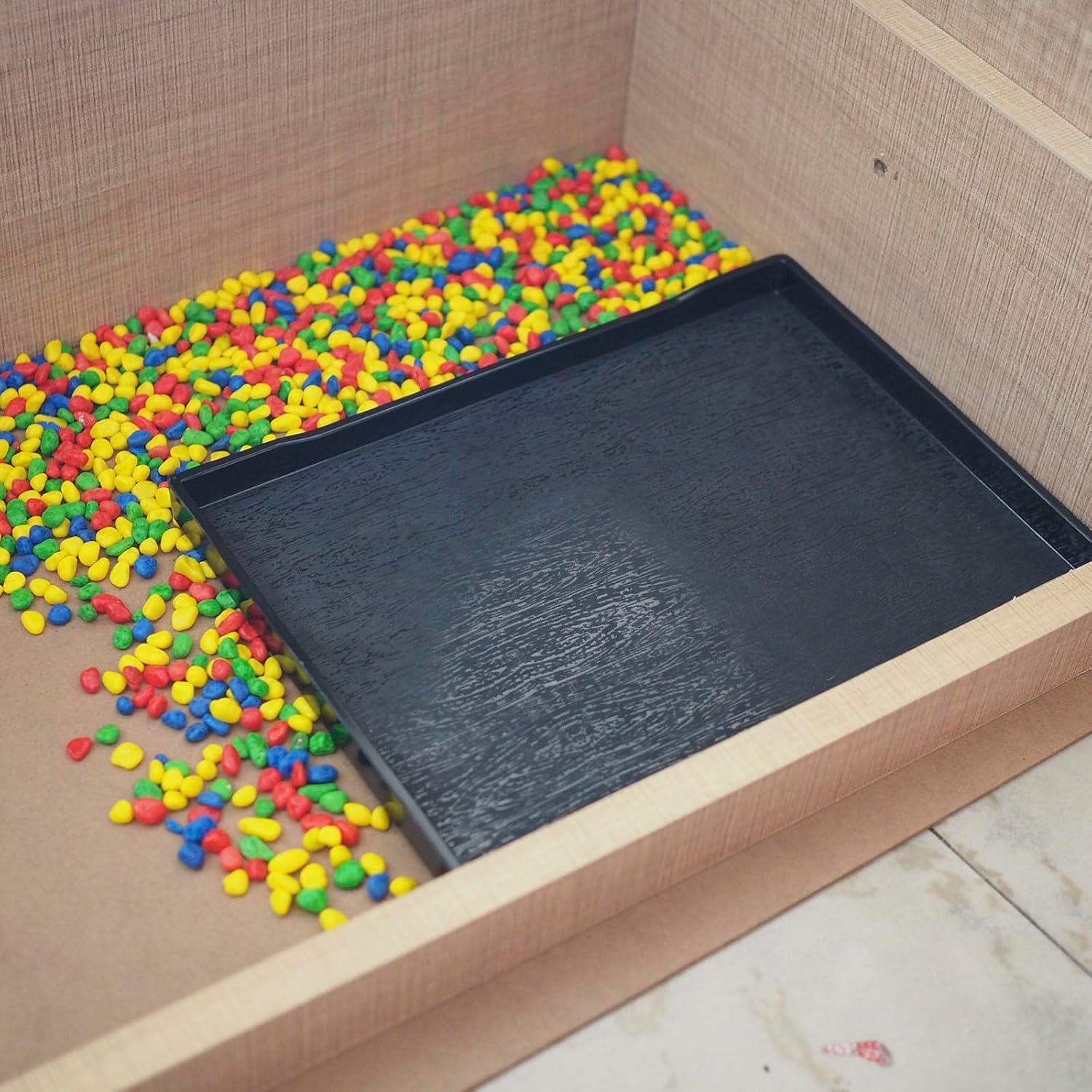 Reptile Bowl Large Food and Water Dish Enough Space Also Fit for Bath Simulated Wood Grain Surface (L, Black)