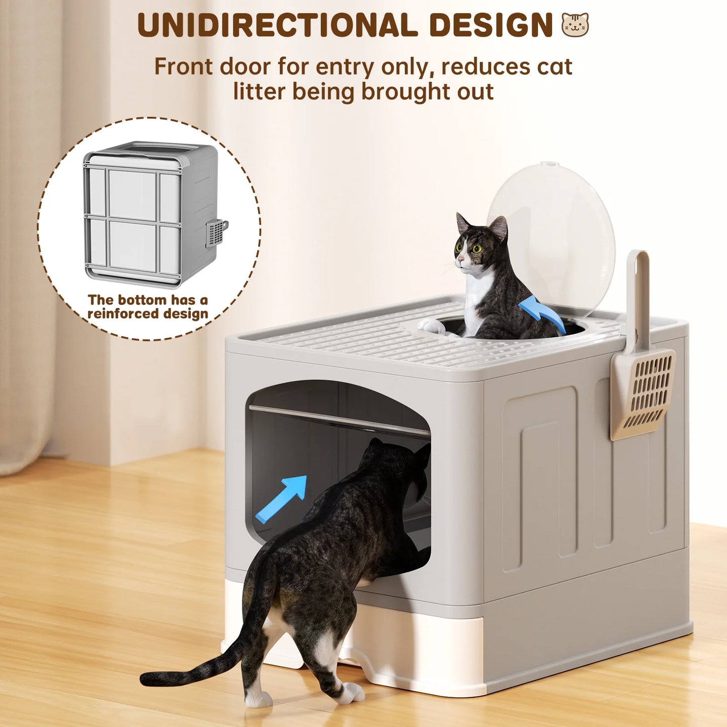 Extra Large Foldable Cat Litter Box with Litter Scoop, Front Entry Top Exit Cat Litter Pan with Lid, Enclosed Anti-Splashing Kitty Litter Box, Drawer Type Cat Litter Easy Cleaning and Scoop, Gray