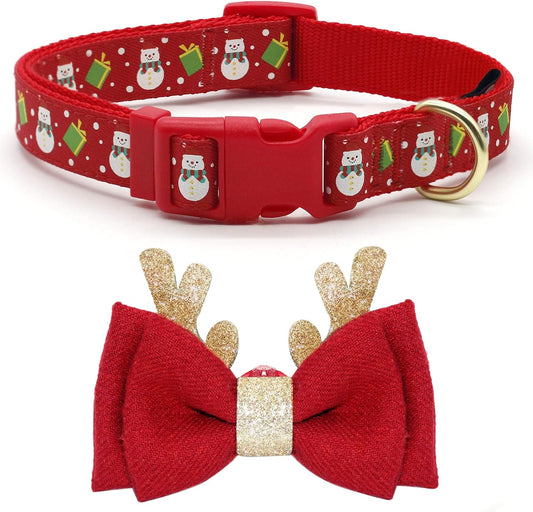 Adjustable Christmas Dog Collar with Antler Bow Tie Accessories for Medium Dogs