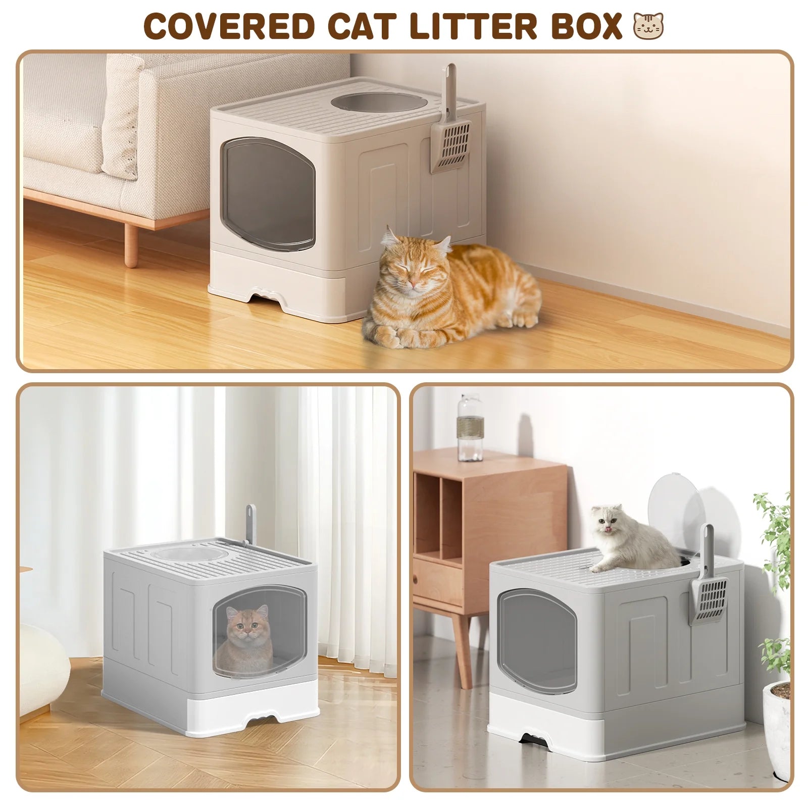 Extra Large Foldable Cat Litter Box with Litter Scoop, Front Entry Top Exit Cat Litter Pan with Lid, Enclosed Anti-Splashing Kitty Litter Box, Drawer Type Cat Litter Easy Cleaning and Scoop, Gray
