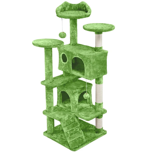 53.9" H Cat Tree with Double Condos, Scratching Posts & Ramp, Green