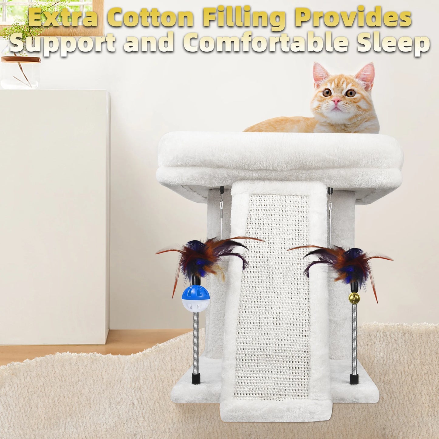 Cat Tree with Cat Condo Scratch Post Hammock Hanging Ball, Beige