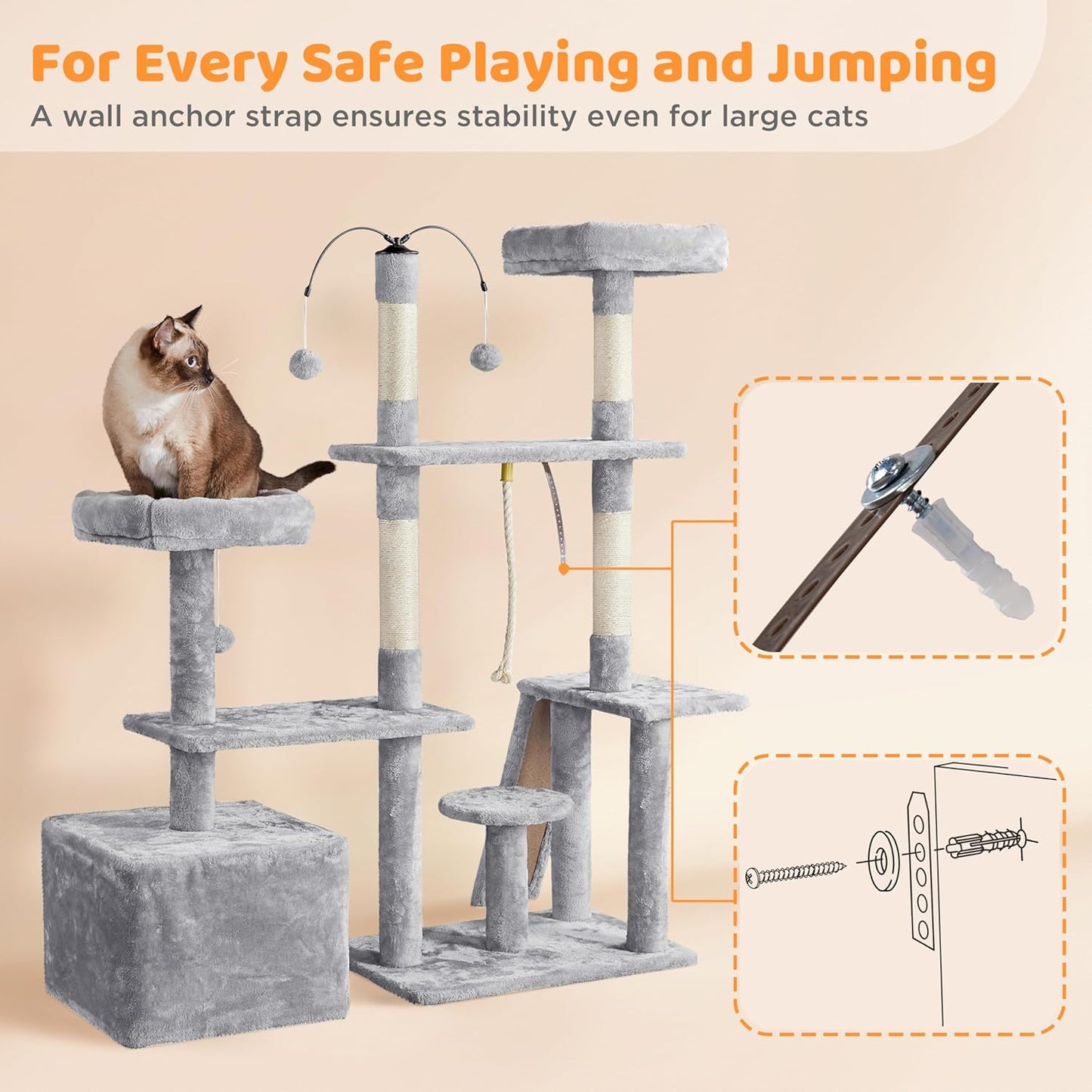 Rotatable Cat Tree 53.5In Multi-Level Cat Tower for Indoor Kittens/Large Cats, Pet House with Scratching Posts,Climbing Furniture Play Center, Light Gray