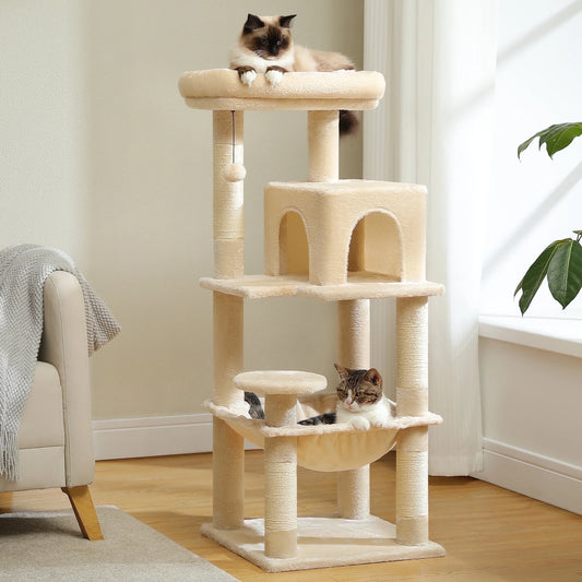Cat Tree Condo 46”With Sisal Covered Scratching Posts Tower Deep Hammock and Large Perch for Small Cats, Beige