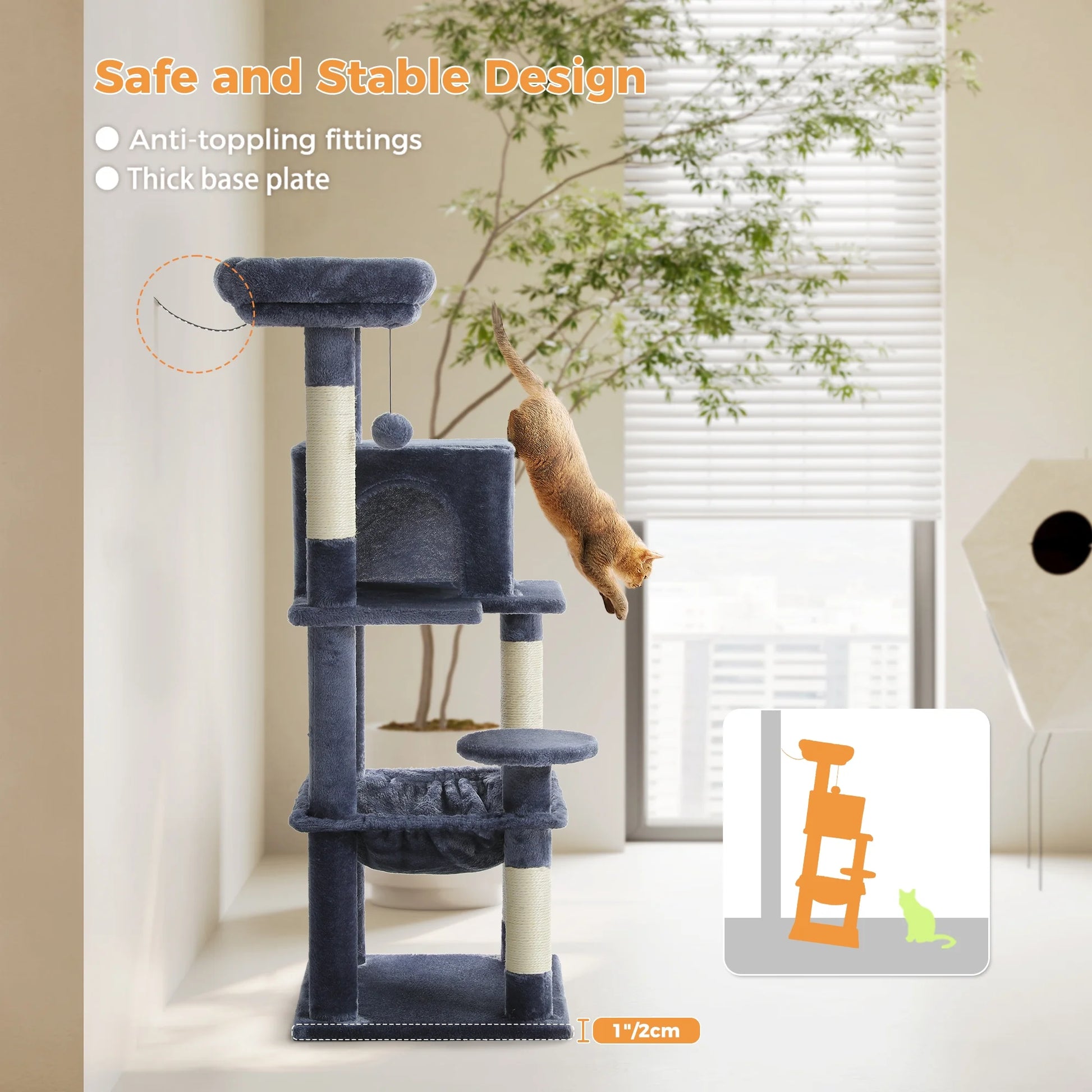 Cat Tree Condo 46”With Sisal Covered Scratching Posts Tower Deep Hammock and Large Perch for Small Cats,Dark Gray