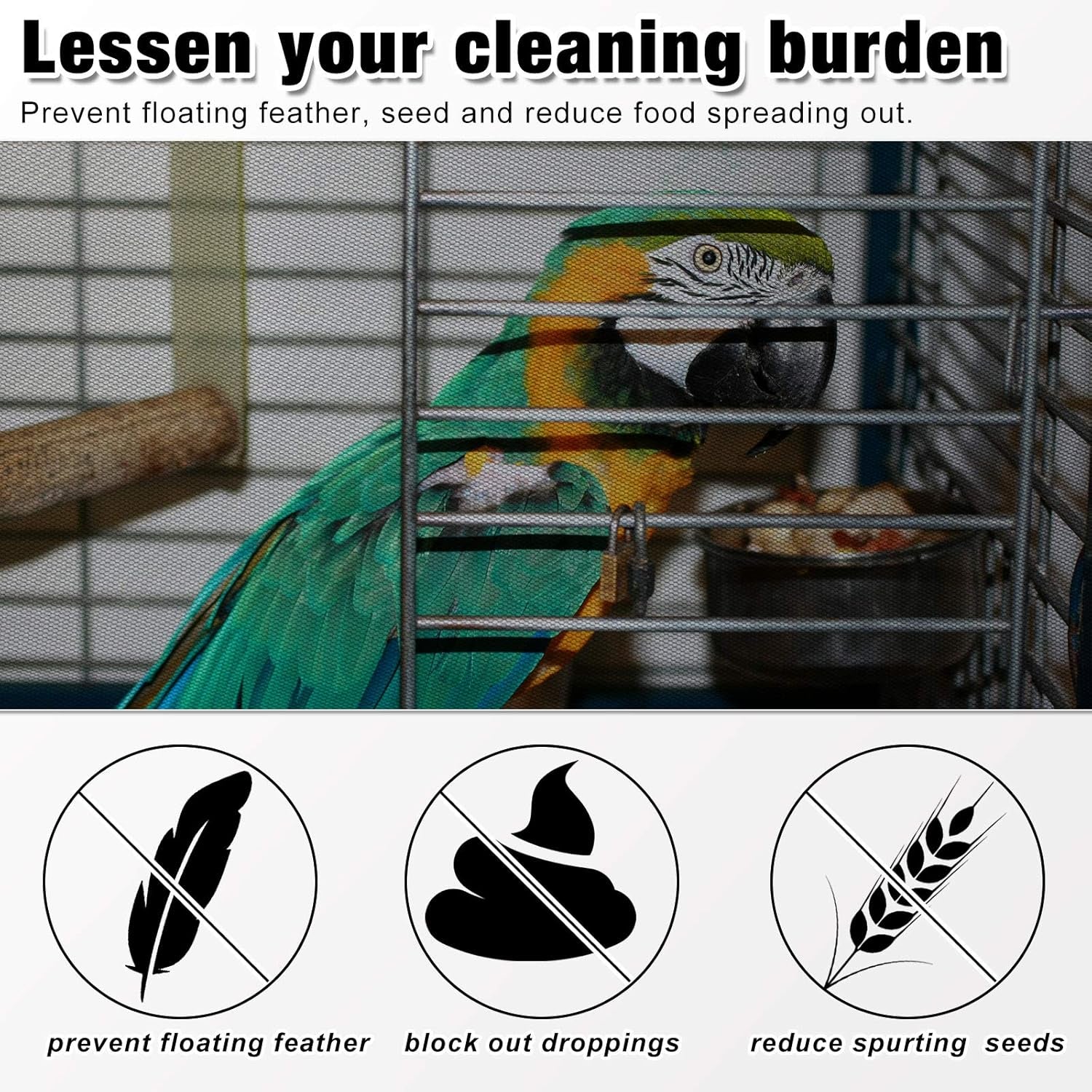 3 Pieces Large Adjustable Bird Cage Cover Seed Feather Catcher Birdcage Nylon Mesh Net Cover Soft Skirt Guard for Parakeet Macaw African round Square Cage (118 X 15 Inch in Circumference and Width)