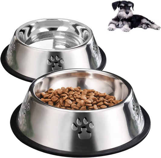 2 Stainless Steel Dog Bowls, Dog Feeding Dishes, Doggie Plate Food Bowls with Rubber Base, Small and Medium Pet Feeder for Food and Water (M-16.6Oz)