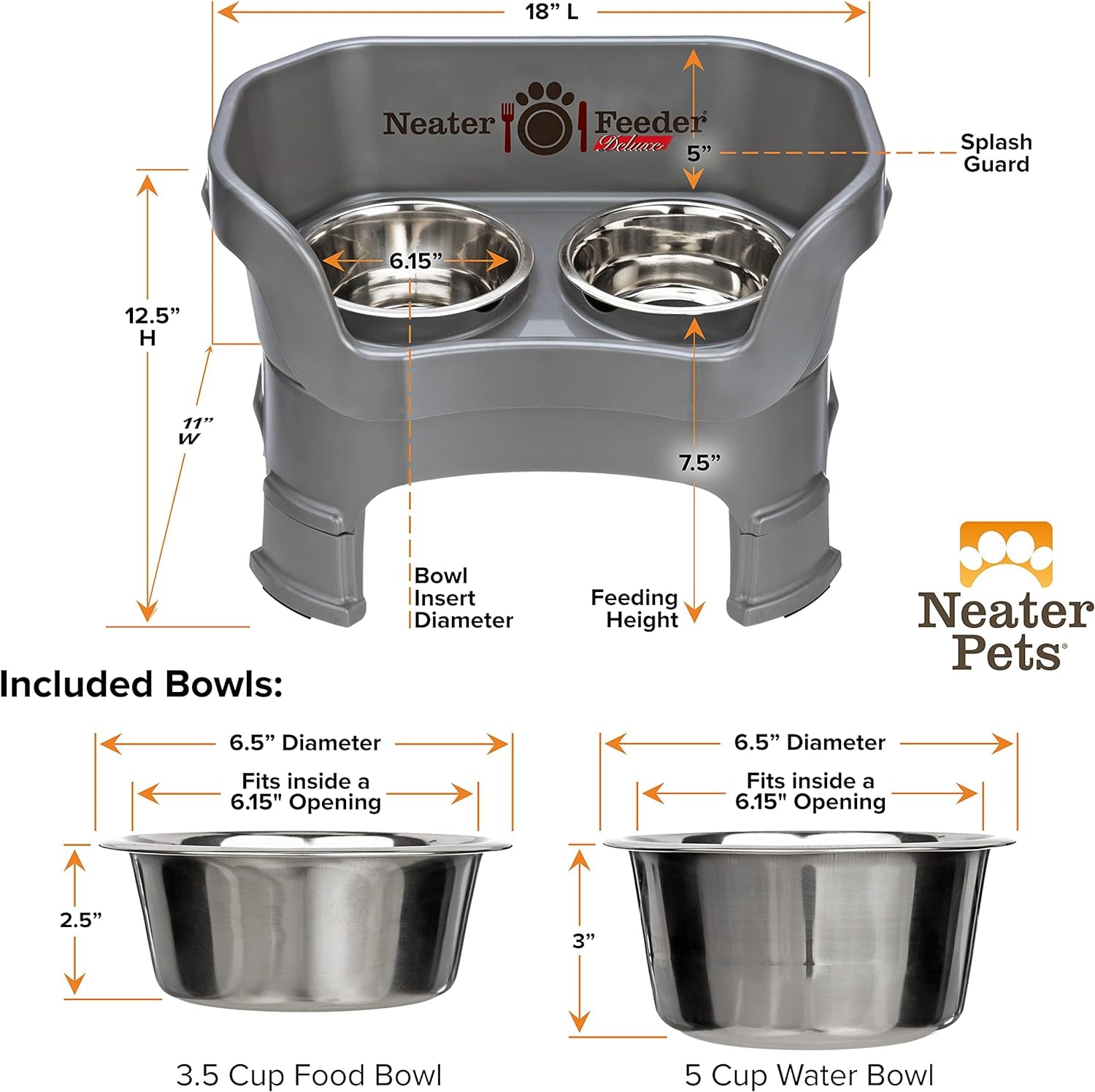 Neater Feeder Deluxe Mess Proof Dog Bowls Elevated Medium Sized Dogs (19-40 Lbs) Made in USA, No Spill Raised Dog Food Bowl Stand W/Leg Extension, Stainless Steel Food and Water Bowl Set, Grey