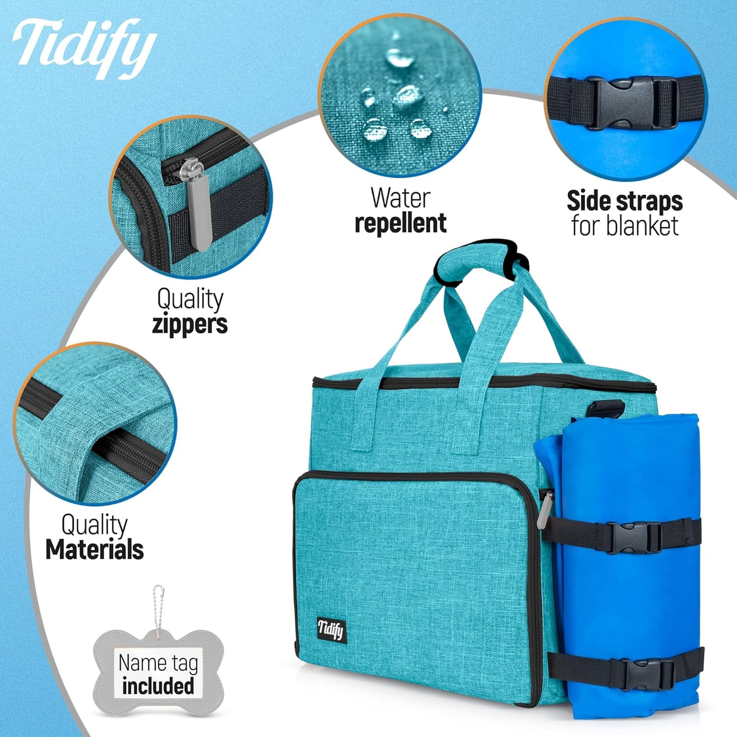 Dog Travel Bag Airline Approved Travel Set for Dog and Cat Tote Organizer with Multi Function Pockets, 2 Food Containers and Collapsible Bowls, Weekend Away Dog Bag for Travel Accessories - Blue