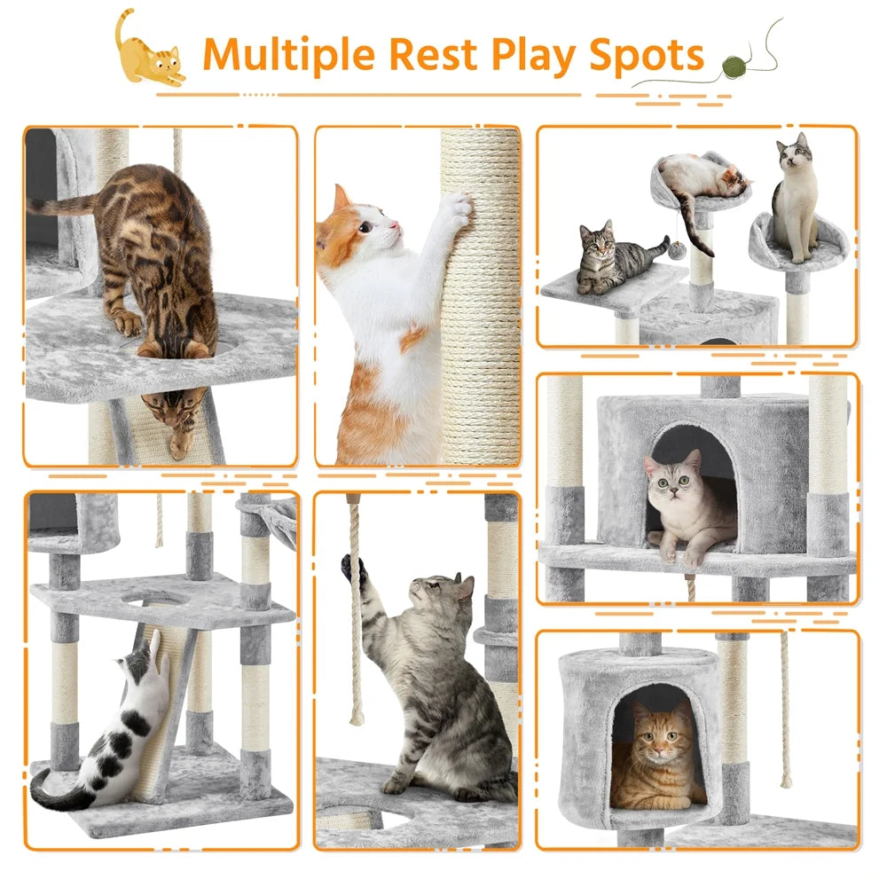 Multi-Level Cat Tree Condo Tower with Basket, Scratching Posts & Ramp Light Gray, 79'' H