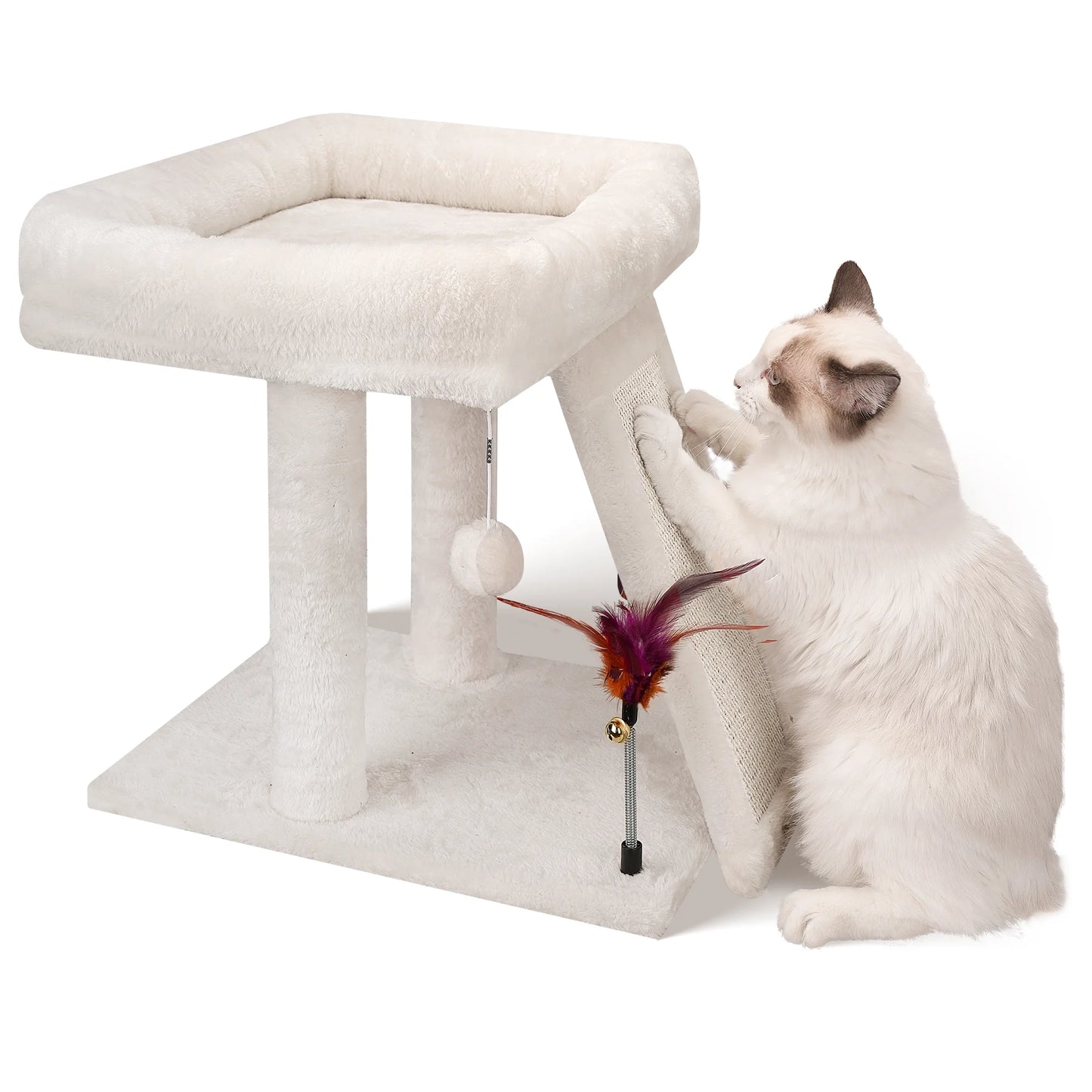Cat Tree with Cat Condo Scratch Post Hammock Hanging Ball, Beige