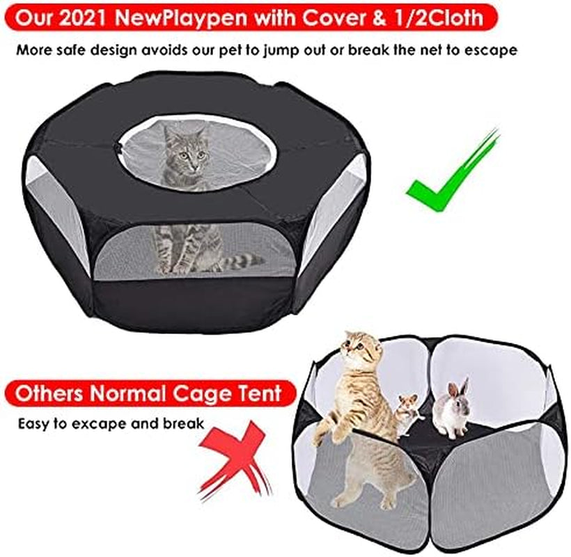Small Animals Cage Tent, Pet Playpen with Top Opening Foldable Breathable Yark Fence for Guinea Pig, Rabbits, Hamster, Chinchillas and Hedgehogs(Dark Black)