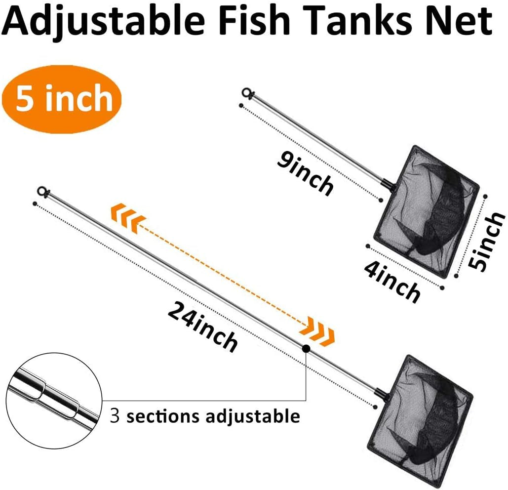 Aquarium Fish Net, 5 Inch Fine Mesh Fish Tank with Extendable 9-24 Inch Long Handle