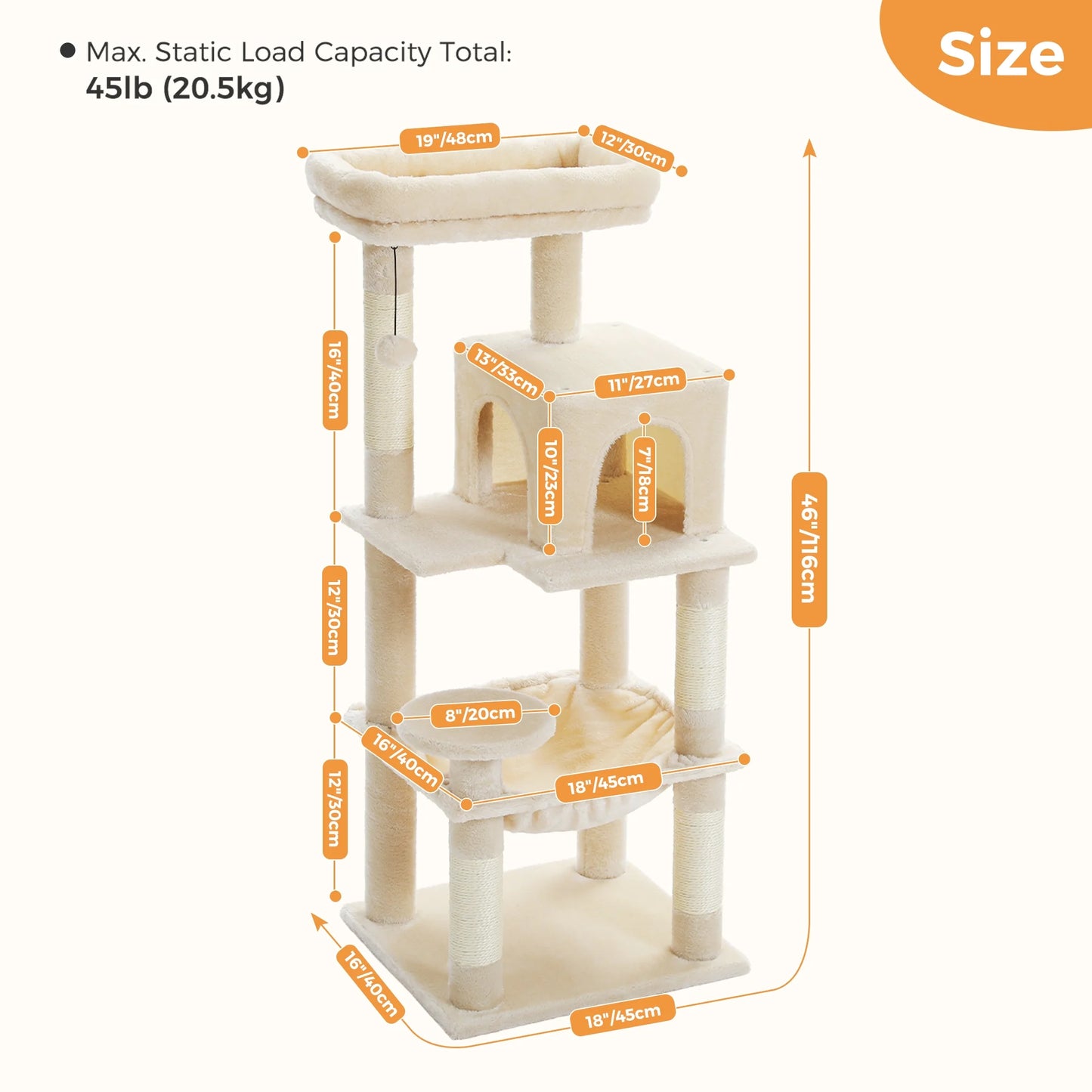 Cat Tree Condo 46”With Sisal Covered Scratching Posts Tower Deep Hammock and Large Perch for Small Cats, Beige