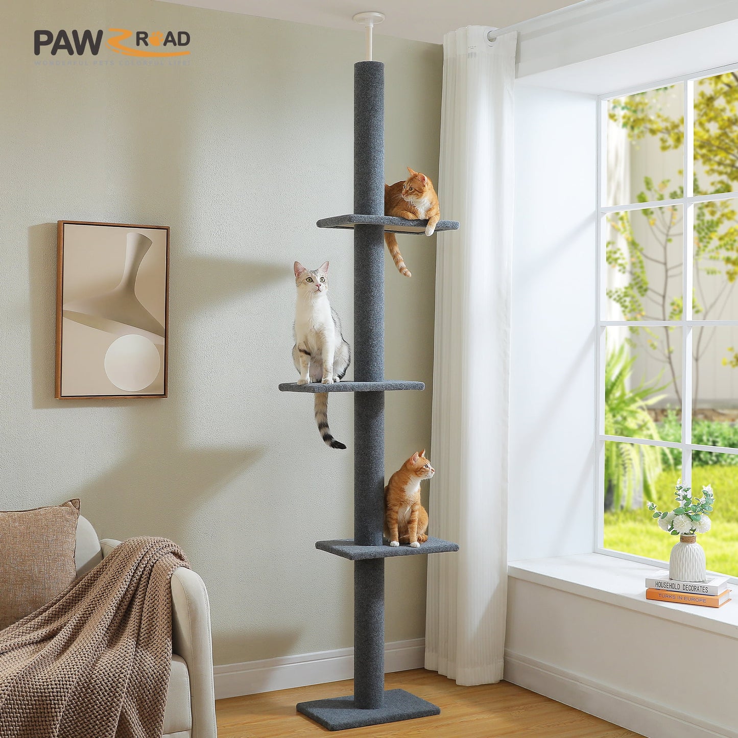 90-107" Floor to Ceiling Cat Tree Tower 4 Tier Tall Cat Climbing Posts Adjustable, Gray