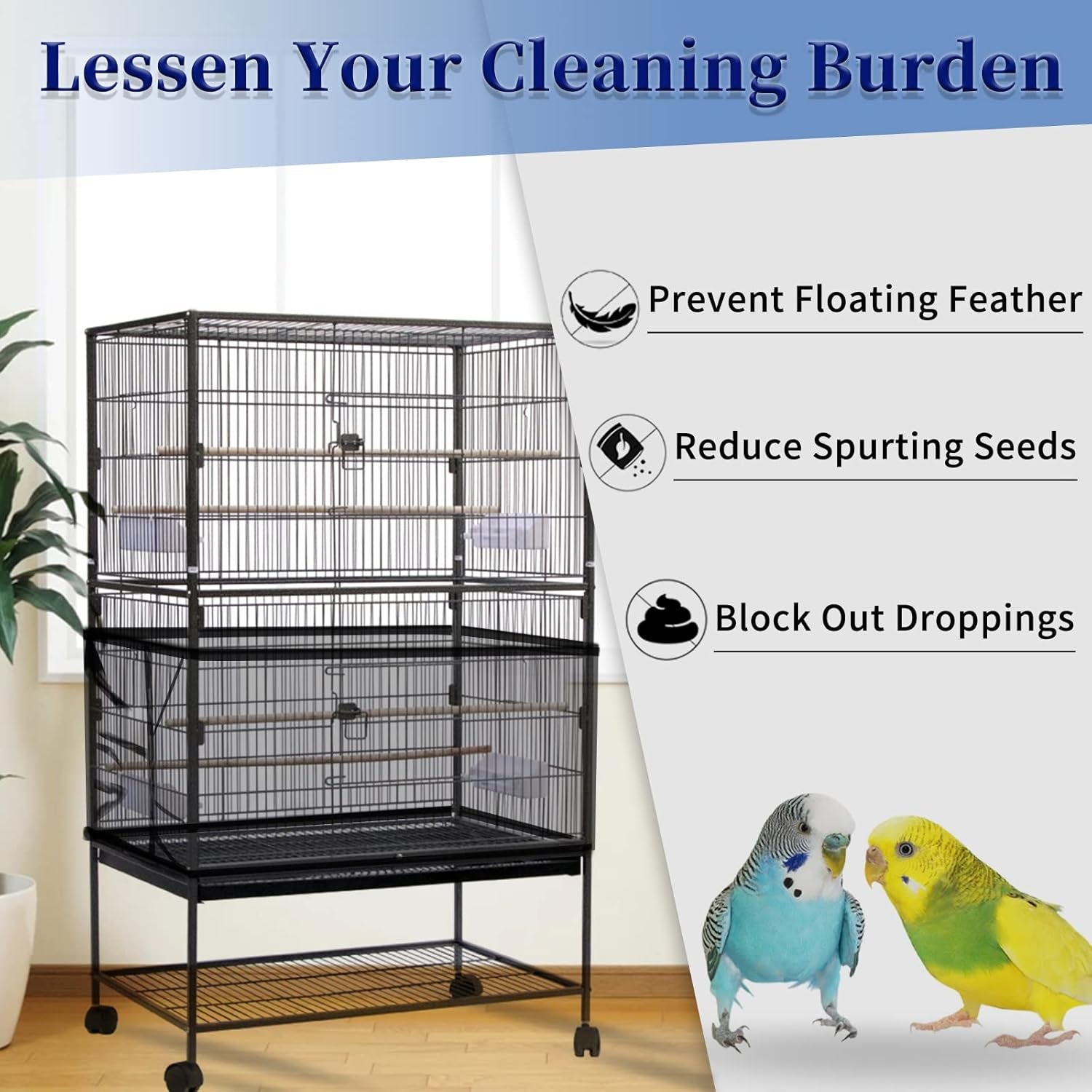 2Pcs Large Bird Cage Cover, Adjustable Parrot Nylon Airy Soft Mesh Net, Universal Seed Feather Catcher, Birdcage Cover Skirt Sheer Guard for Parakeet Macaw round Square Cages