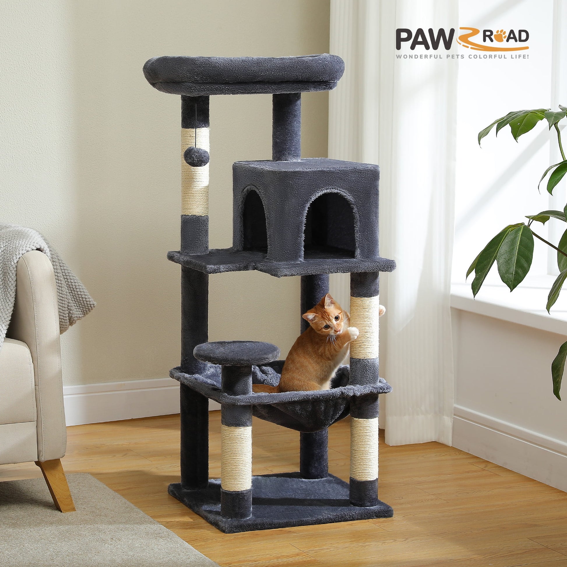 Cat Tree Condo 46”With Sisal Covered Scratching Posts Tower Deep Hammock and Large Perch for Small Cats,Dark Gray