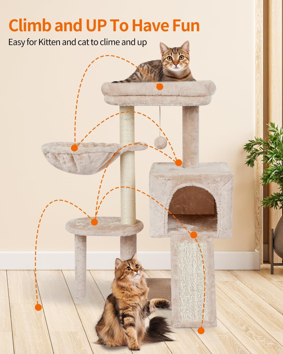 Cute Cat Tree Kitten Cat Tower for Indoor Cat Condo Sisal Scratching Posts with Jump Platform Cat Furniture Activity Center Play House Beige