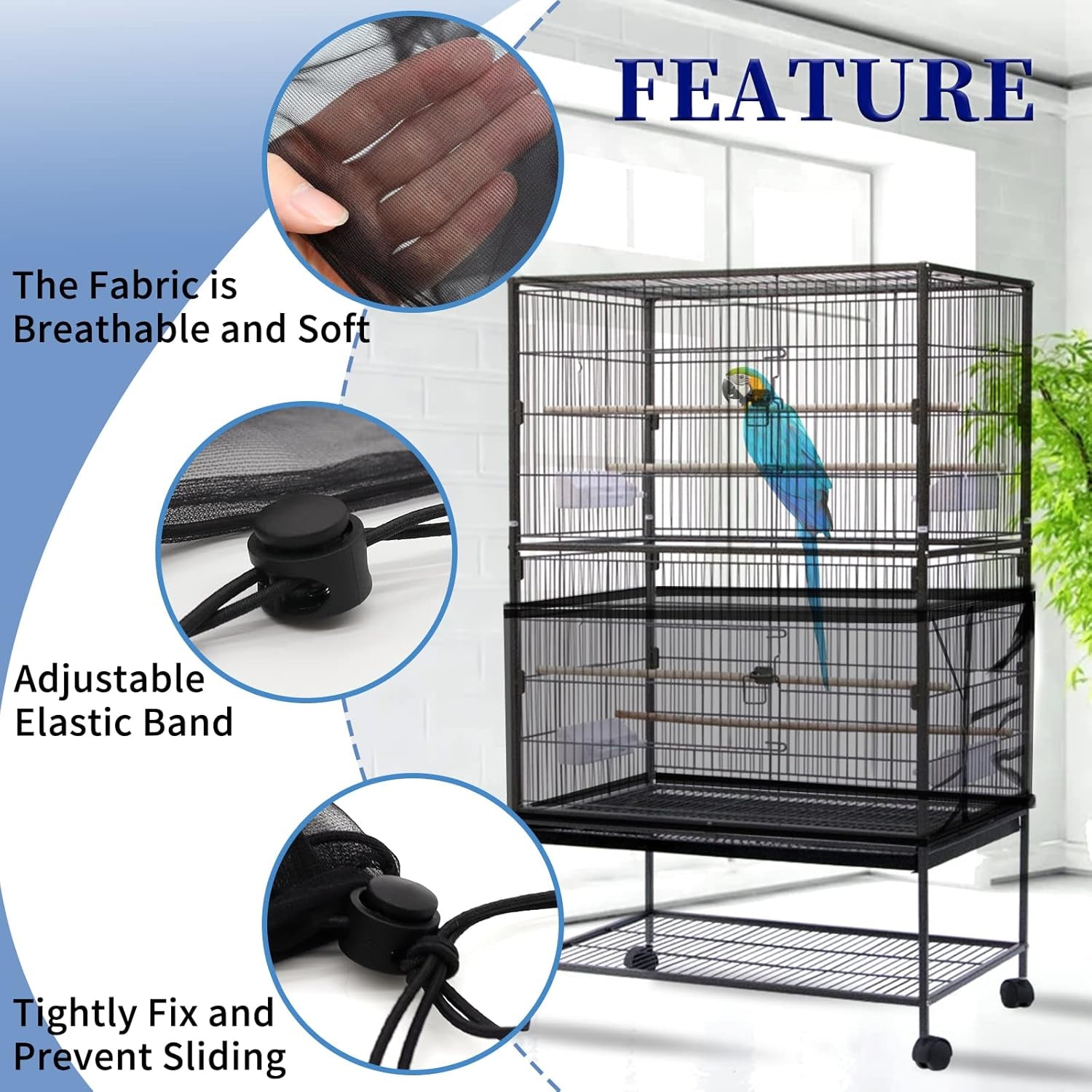 2Pcs Large Bird Cage Cover, Adjustable Parrot Nylon Airy Soft Mesh Net, Universal Seed Feather Catcher, Birdcage Cover Skirt Sheer Guard for Parakeet Macaw round Square Cages