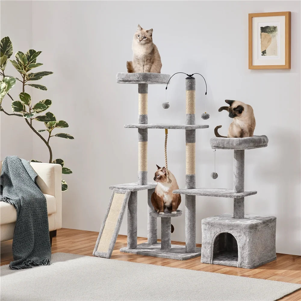 Multilevel Plush Cat Tree with Dangling Balls for Cats and Kittens, Light Gray