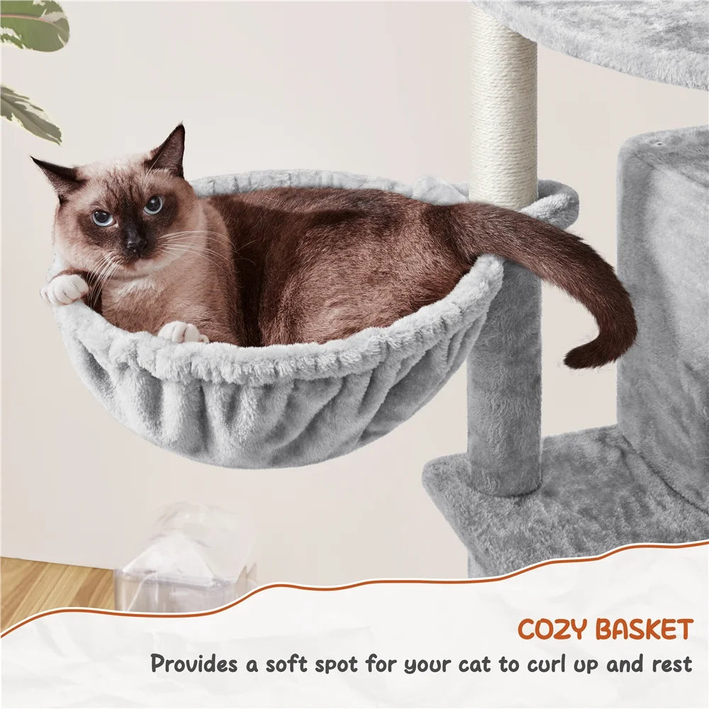 76"H Large Multilevel Cat Tree Tower with Condos and Perches, Light Gray