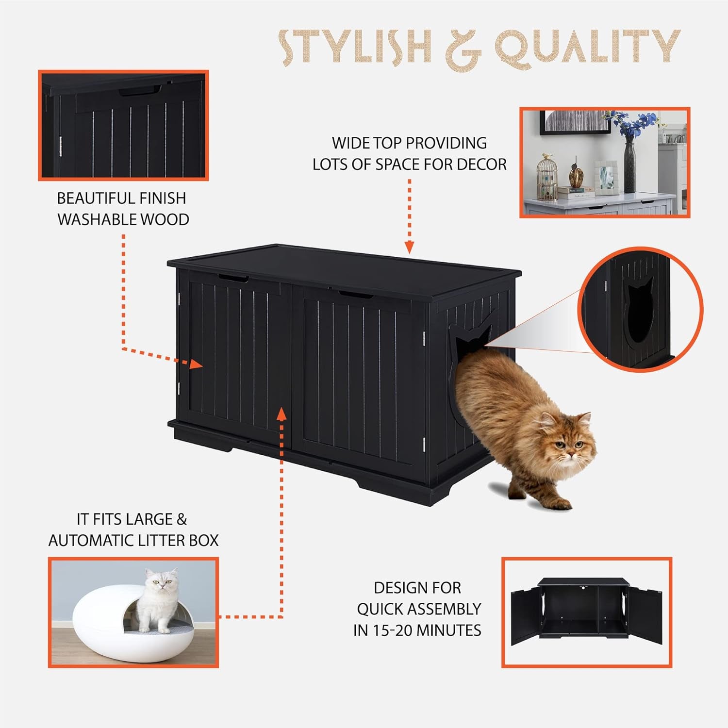 X-Large Designer Cat Washroom Storage Bench Cat Litter Box Enclosure Furniture Box House with Table (Black)