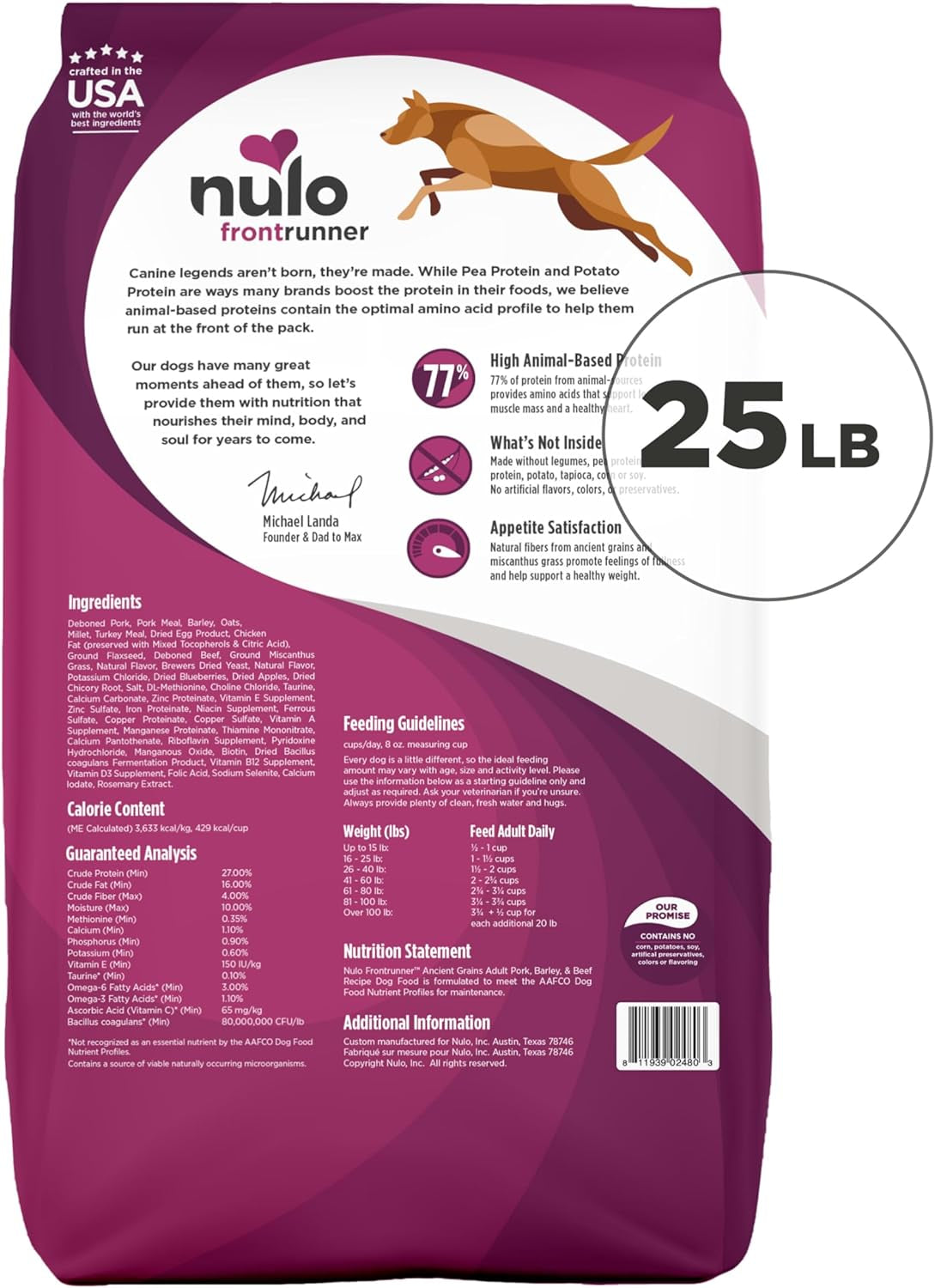 Frontrunner Ancient Grains High-Protein Dog Food, Pork, Barley, & Beef Recipe- Natural Dry Dog Food with Probiotics, Grain-Inclusive Kibble for Adult Dogs, 25 Lb Bag