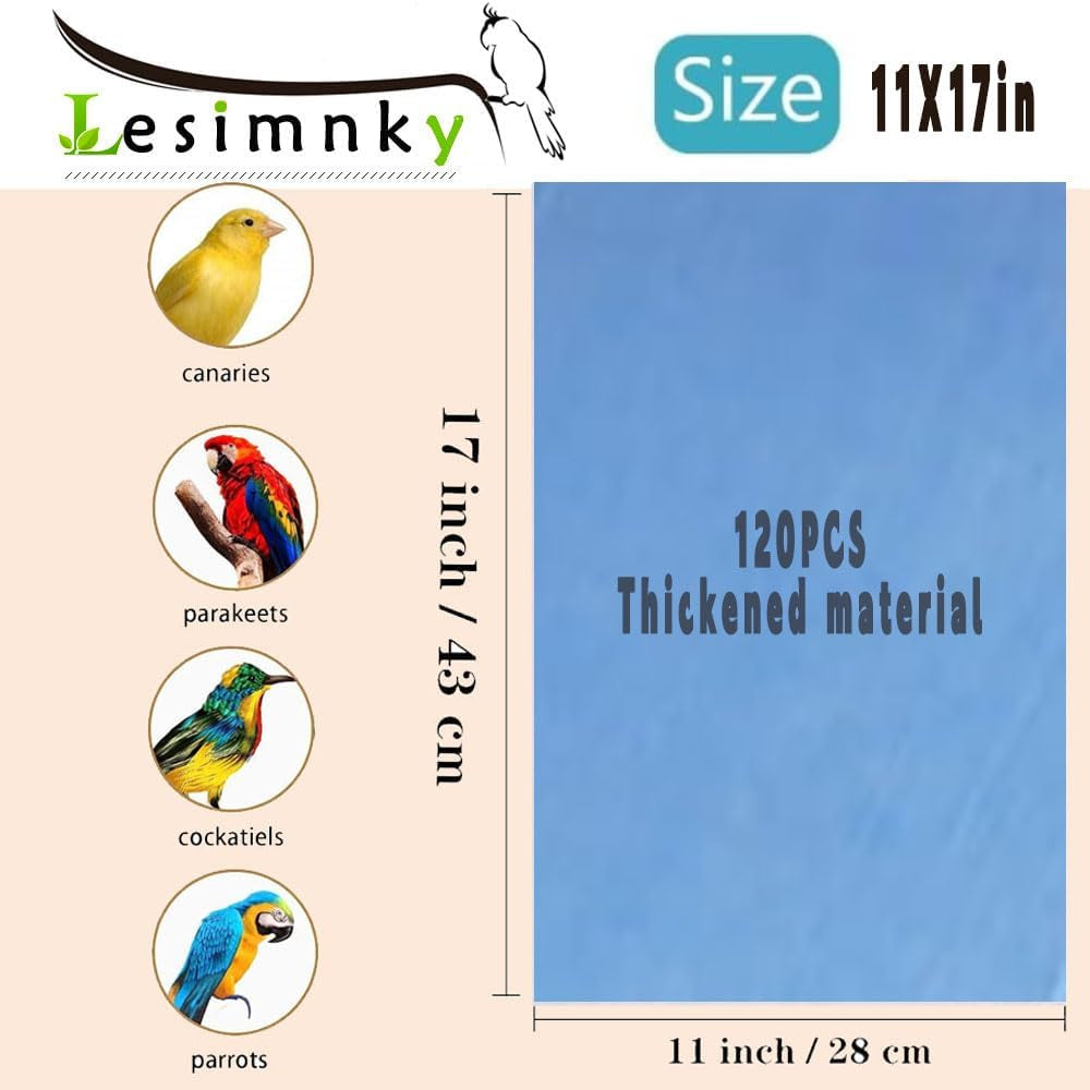 120 Pieces Bird Cage Liners-11'' X 17''Disposable Non-Woven Bird Cage Paper Liners Precut Absorbent Fecal Tray Cages Cushion Pad Mat Cuttable Pet Animal Cages Cushion for Parrot (Blue)