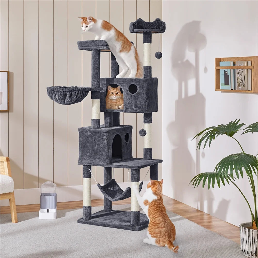 73''H Multilevel Large Cat Tree Scratching Post Tower with Condos & Basket & Hammock Dark Gray