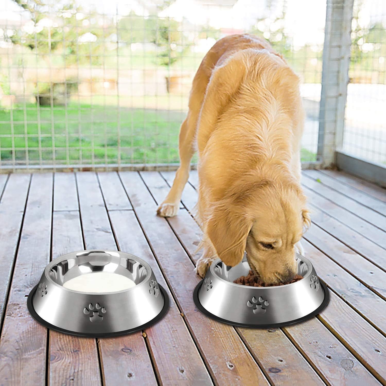 2 Stainless Steel Dog Bowls, Dog Feeding Dishes, Doggie Plate Food Bowls with Rubber Base, Small and Medium Pet Feeder for Food and Water (M-16.6Oz)