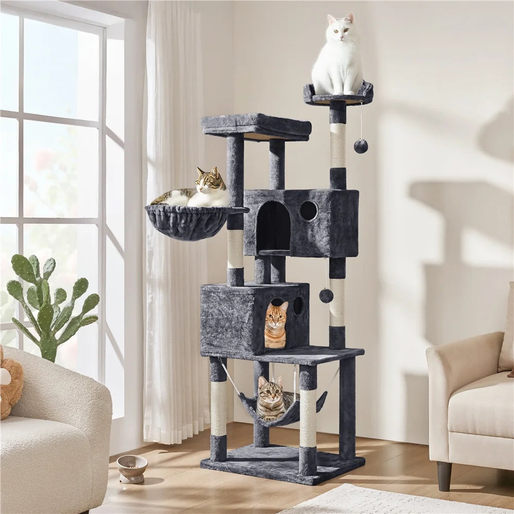 73''H Multilevel Large Cat Tree Scratching Post Tower with Condos & Basket & Hammock Dark Gray