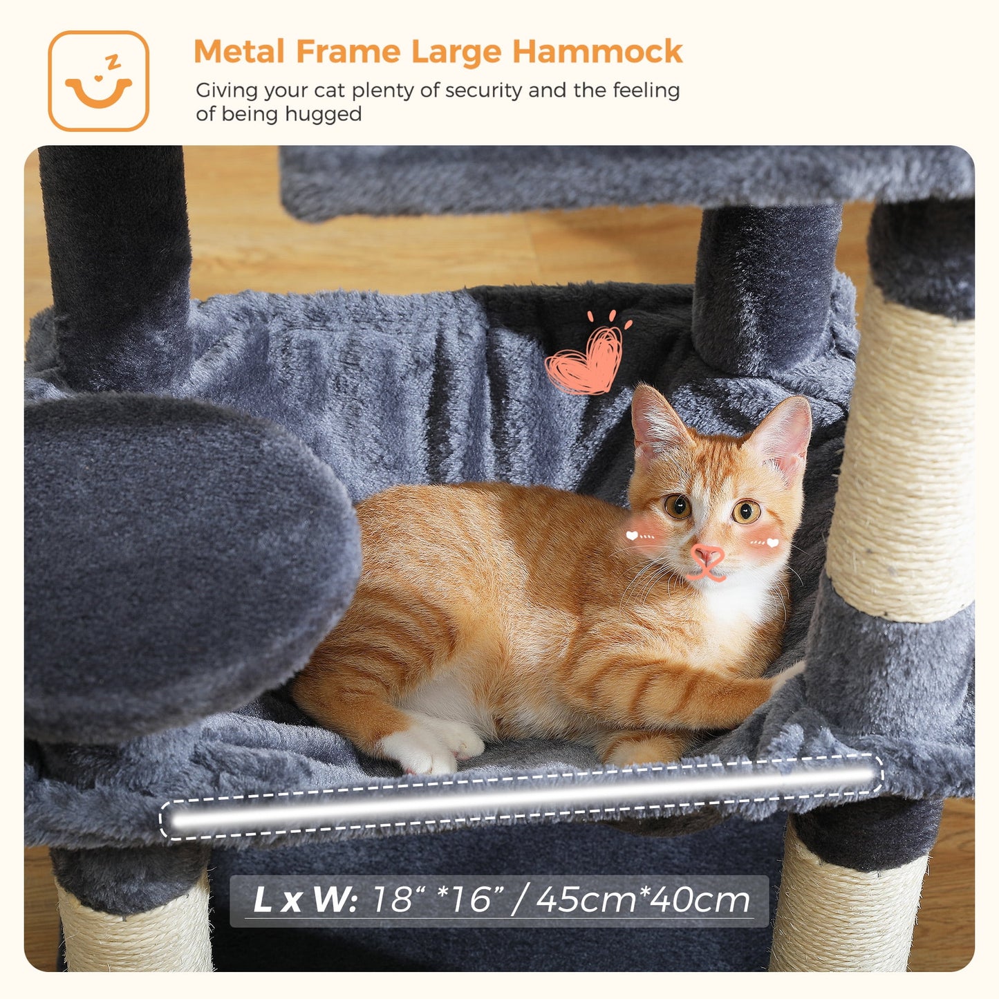 Cat Tree Condo 46”With Sisal Covered Scratching Posts Tower Deep Hammock and Large Perch for Small Cats,Dark Gray