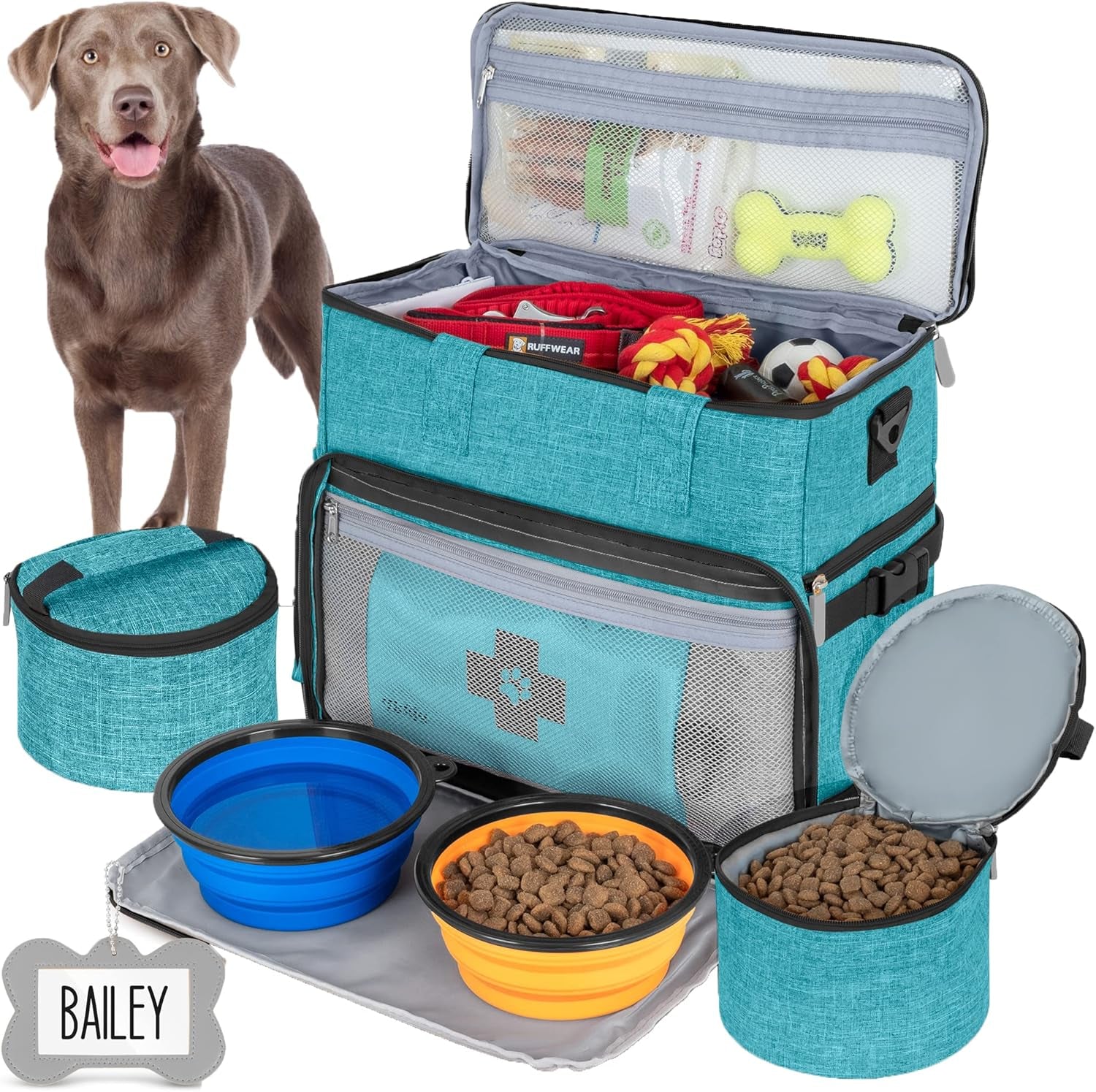 Dog Travel Bag Airline Approved Travel Set for Dog and Cat Tote Organizer with Multi Function Pockets, 2 Food Containers and Collapsible Bowls, Weekend Away Dog Bag for Travel Accessories - Blue
