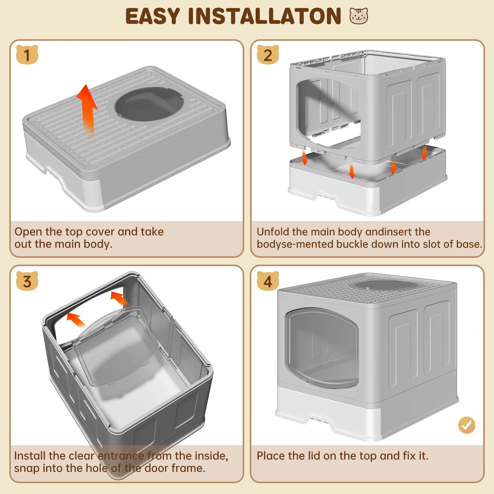 Extra Large Foldable Cat Litter Box with Litter Scoop, Front Entry Top Exit Cat Litter Pan with Lid, Enclosed Anti-Splashing Kitty Litter Box, Drawer Type Cat Litter Easy Cleaning and Scoop, Gray