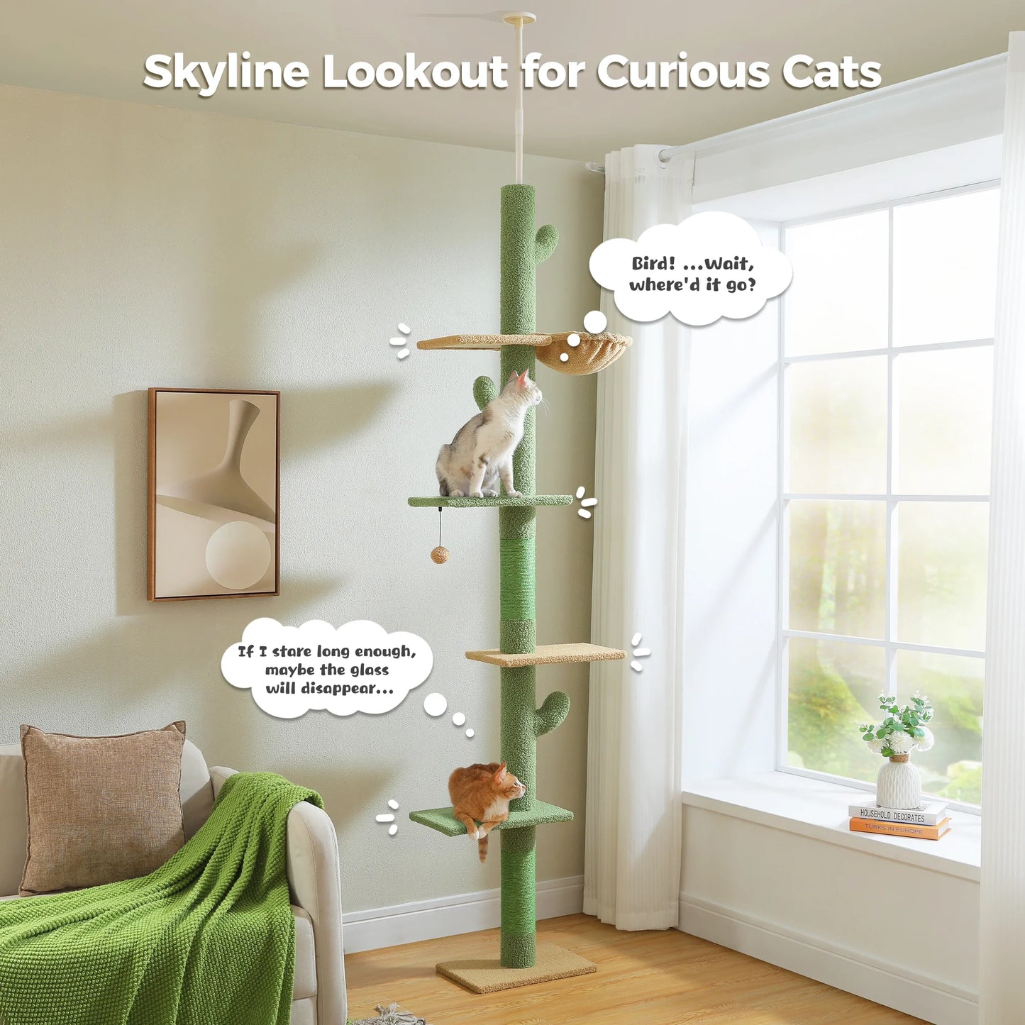 Tall Cat Tree Cactus Floor to Ceiling Cat Tower 95-108" Sisal Scratching Post for Indoor Cats