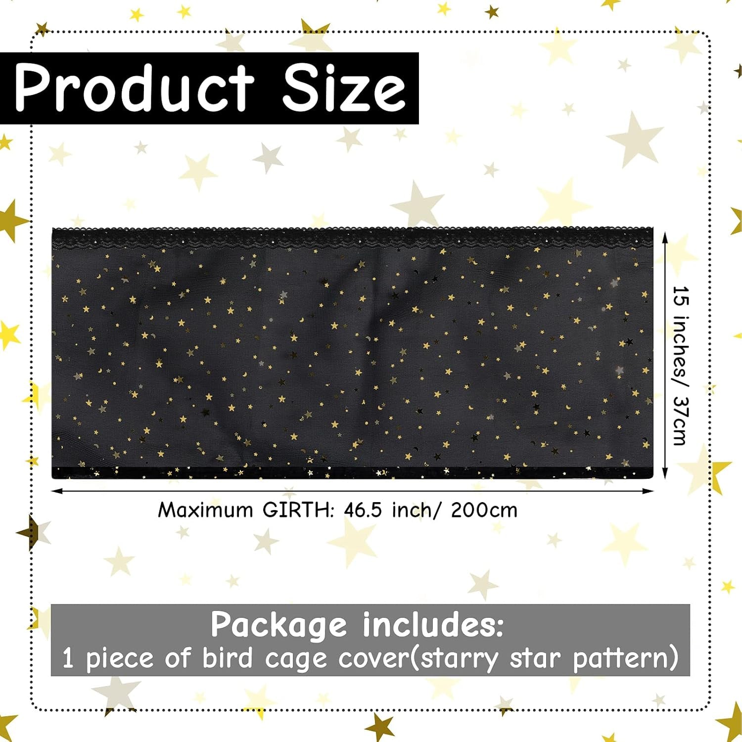 Large Bird Cage Cover Birdcage Nylon Mesh Net Cover Seed Feather Catcher Twinkle Star Universal Birdcage Cover Bird Seed Guard Skirt for Parakeet Macaw African round Square Cage (Black, L)