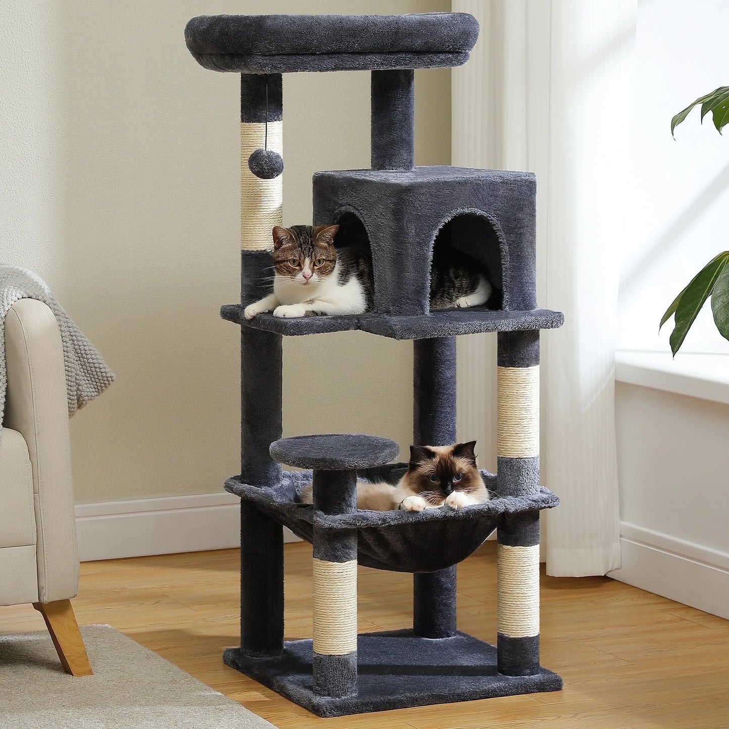 Cat Tree Condo 46”With Sisal Covered Scratching Posts Tower Deep Hammock and Large Perch for Small Cats,Dark Gray