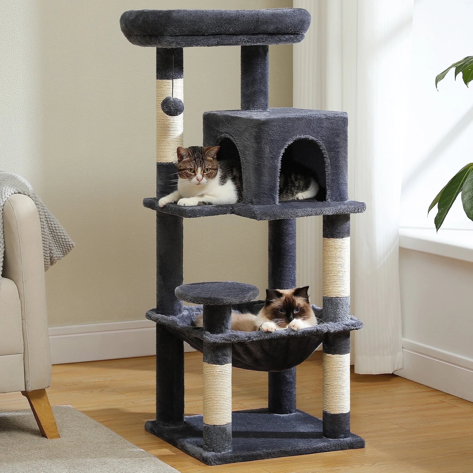 Cat Tree Condo 46”With Sisal Covered Scratching Posts Tower Deep Hammock and Large Perch for Small Cats,Dark Gray