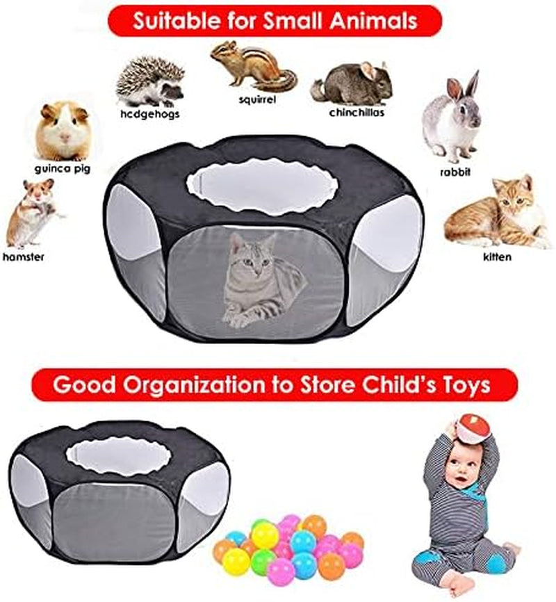 Small Animals Cage Tent, Pet Playpen with Top Opening Foldable Breathable Yark Fence for Guinea Pig, Rabbits, Hamster, Chinchillas and Hedgehogs (Black)