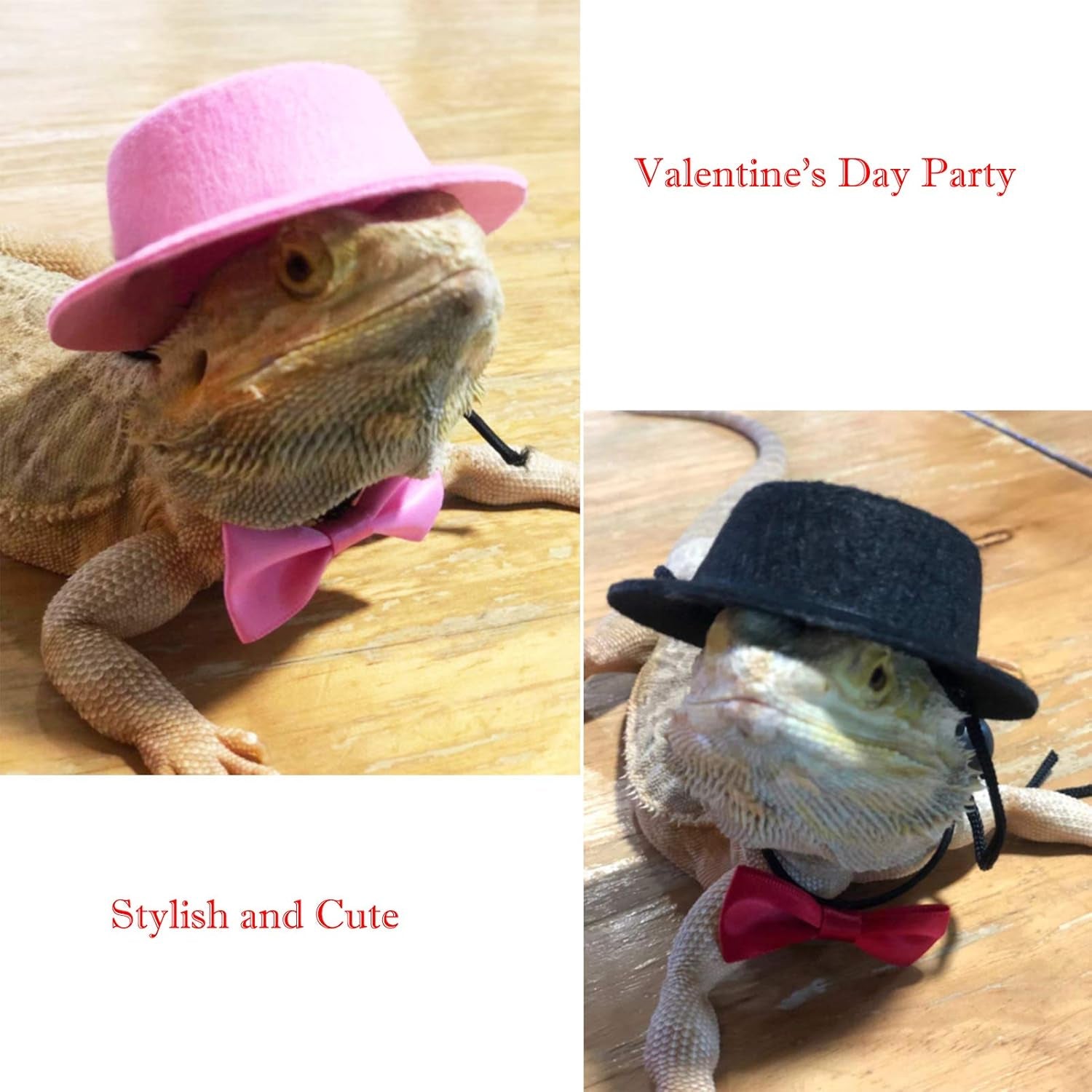 2PCS Valentine'S Day Bearded Dragon Lizard Hat and Bowtie Reptile Black Hat with Bow Tie Cool Pet Cap Small Animal Outfit Suit Cosplay Sculpt (Black)