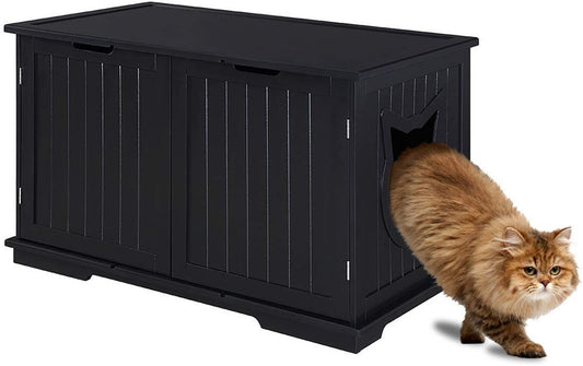 X-Large Designer Cat Washroom Storage Bench Cat Litter Box Enclosure Furniture Box House with Table (Black)