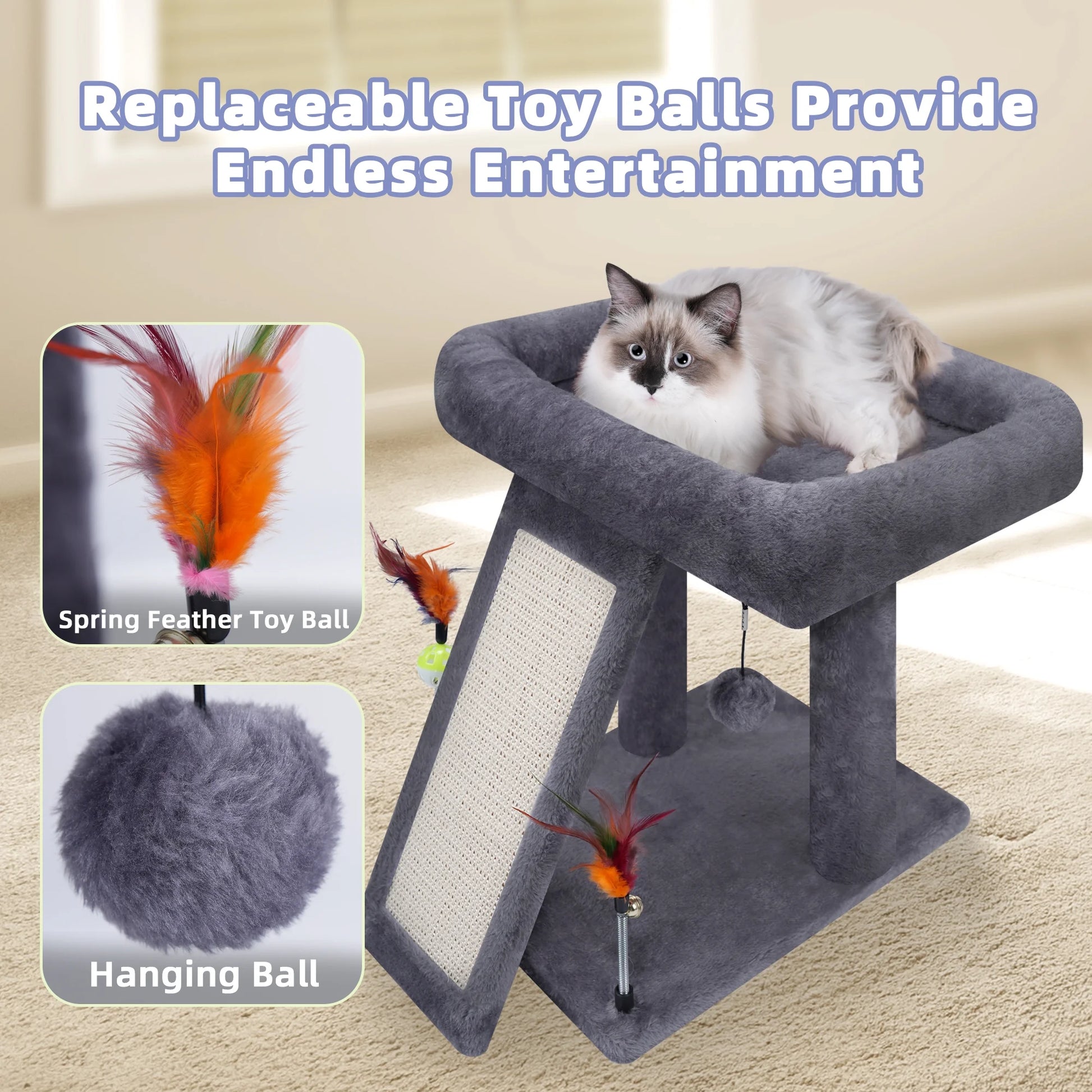 Cat Tree Tower with Scratching Board and Toy Balls, Grey