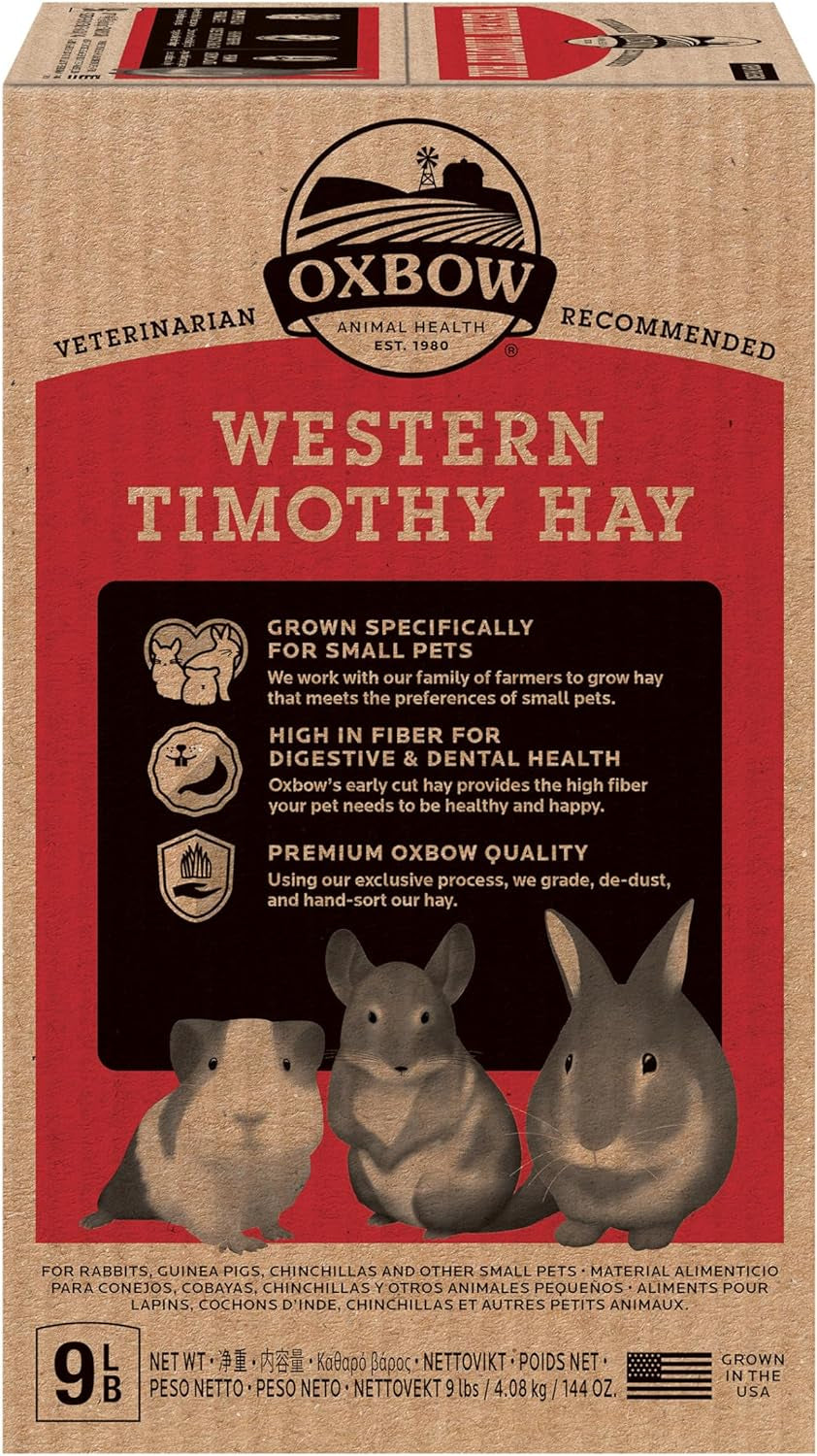 Animal Health Western Timothy Hay, Guinea Pig Hay, Small Pet Bunny Supplies, All Natural Grass for Guinea Pig, Bunny, Chinchilla & Hamster,  Rabbit Supplies for Bunnies, 9 Lb Box