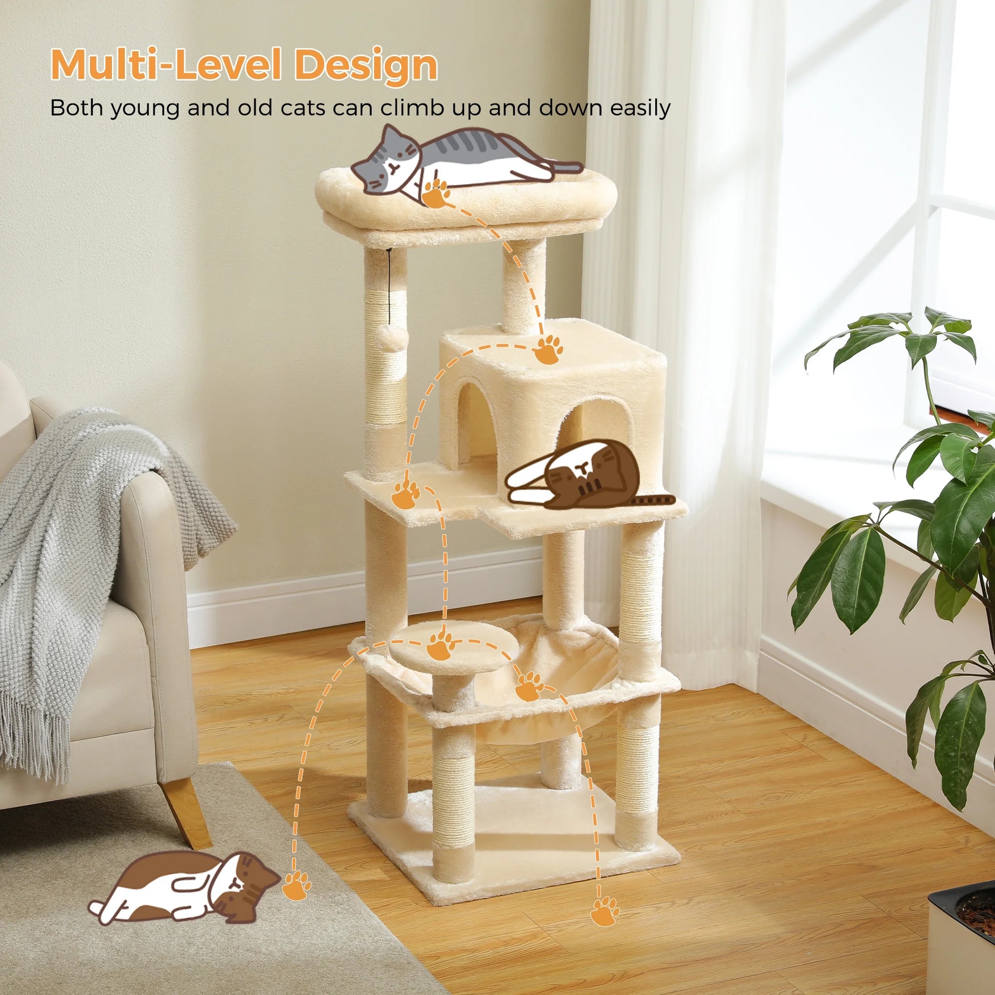 Cat Tree Condo 46”With Sisal Covered Scratching Posts Tower Deep Hammock and Large Perch for Small Cats, Beige