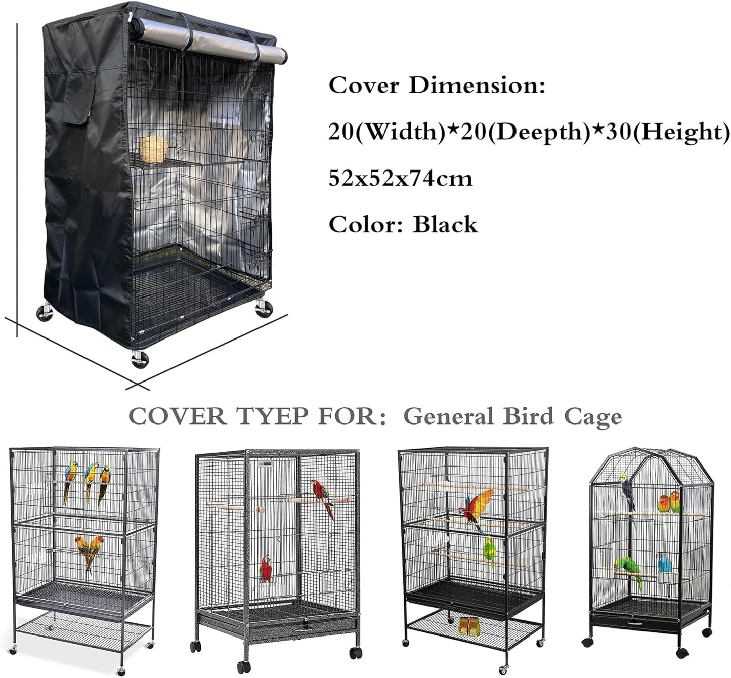 Birdcage Cover, Universal Bird Cage Cover Good Night Blackout, Parrot Cage Cover Breathable, Washable Parrot Cage Cover, Black, 20 "W X 20 "D X 30 "H