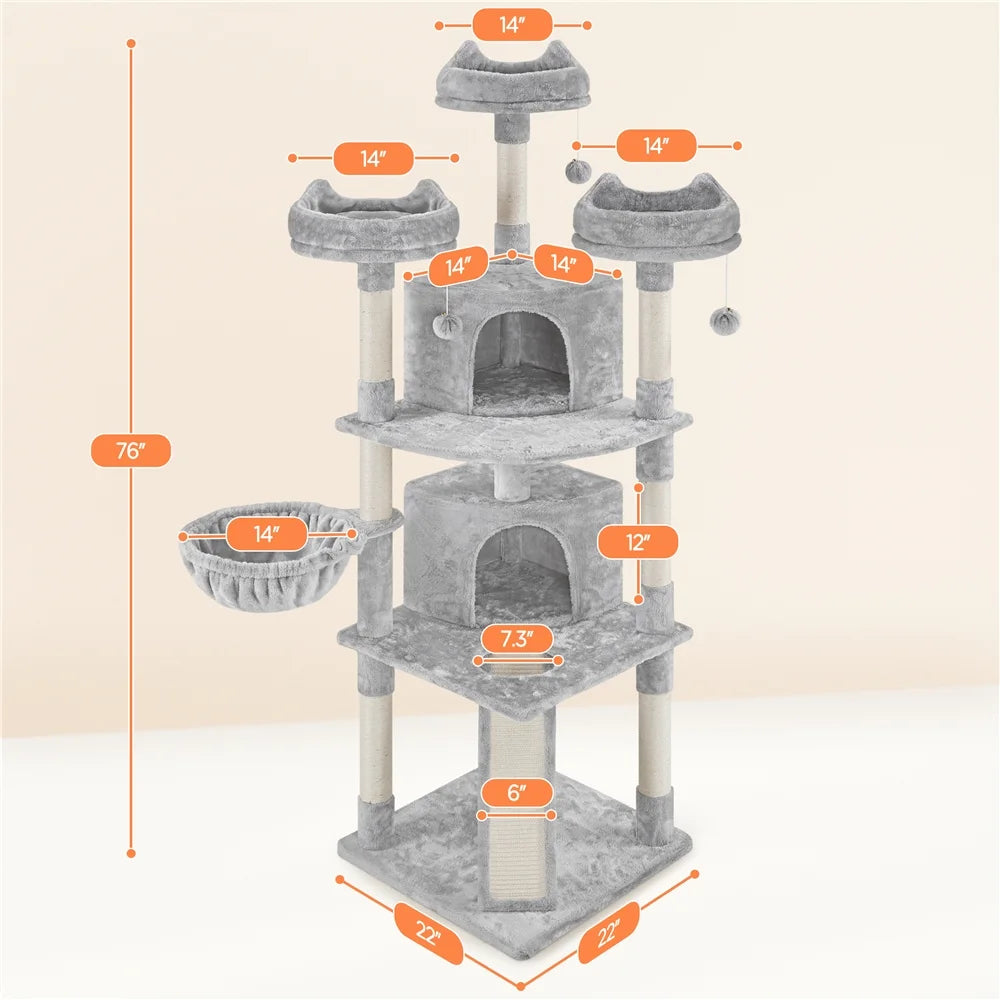 76"H Large Multilevel Cat Tree Tower with Condos and Perches, Light Gray